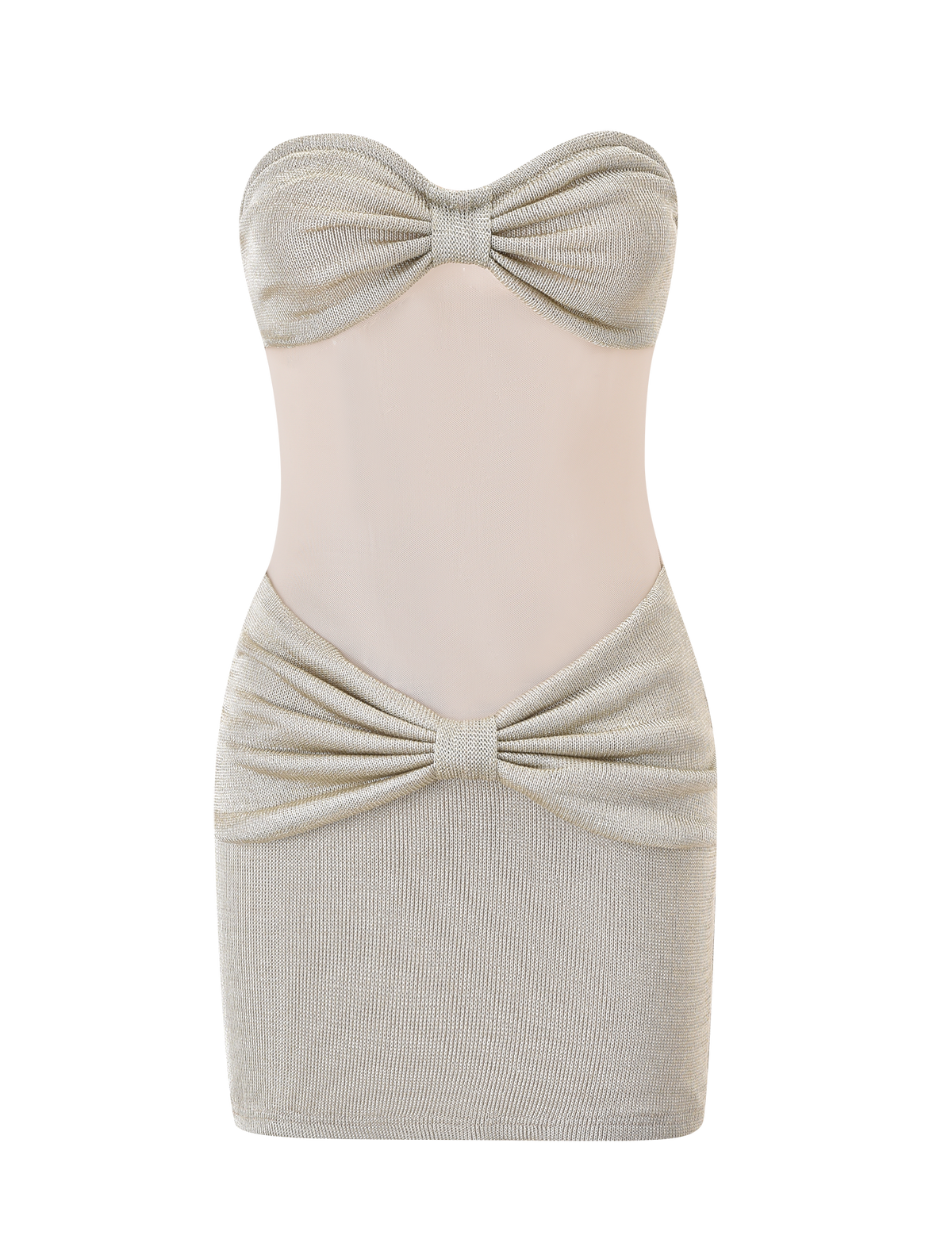 The ESTE MINI DRESS - CHAMPAGNE by TIGERMIST features a strapless sweetheart neckline, metallic knit fabric, sheer mesh midsection, gathered bust and hip with knot accents, and a form-fitting silhouette.