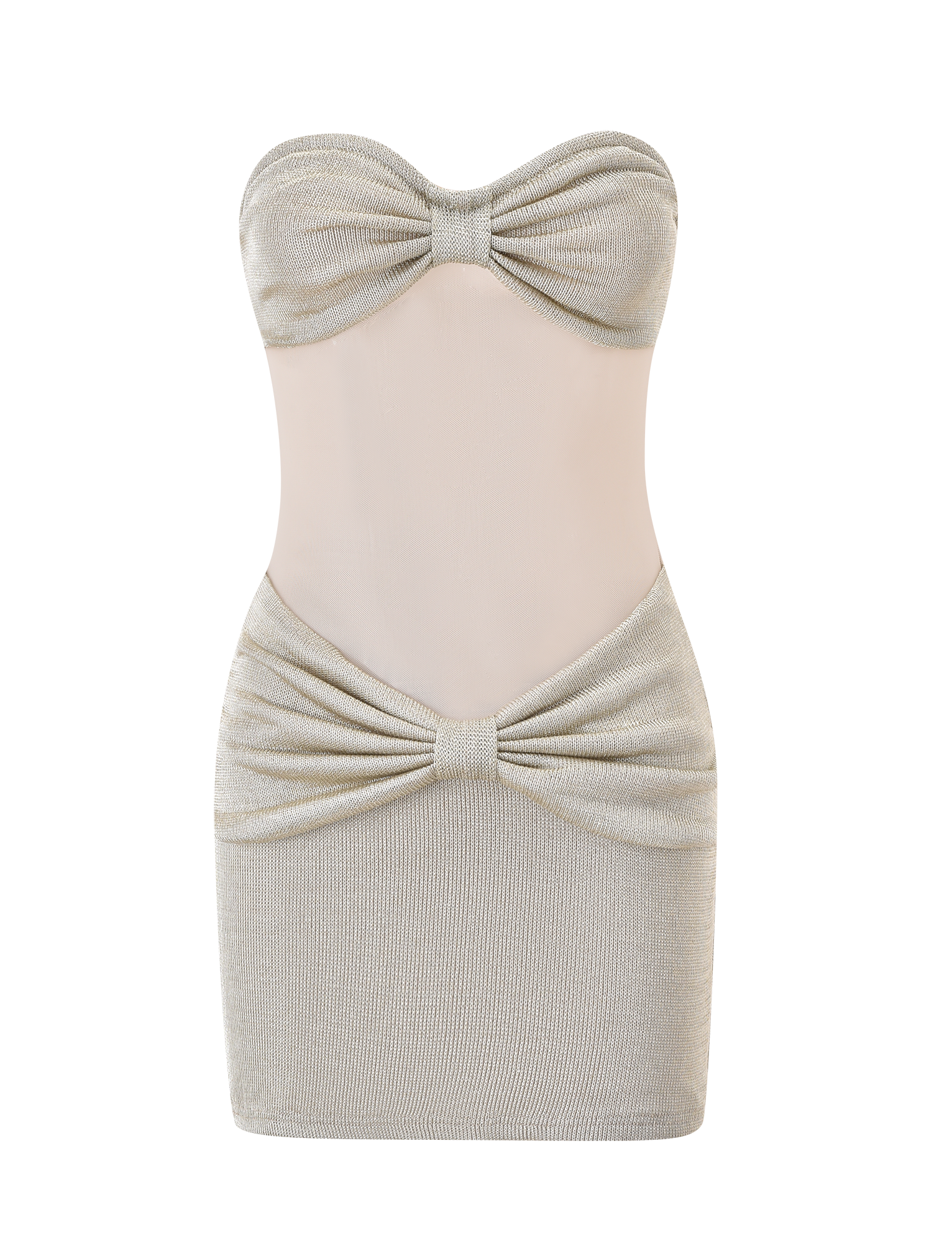 The ESTE MINI DRESS - CHAMPAGNE by TIGERMIST features a strapless sweetheart neckline, metallic knit fabric, sheer mesh midsection, gathered bust and hip with knot accents, and a form-fitting silhouette.