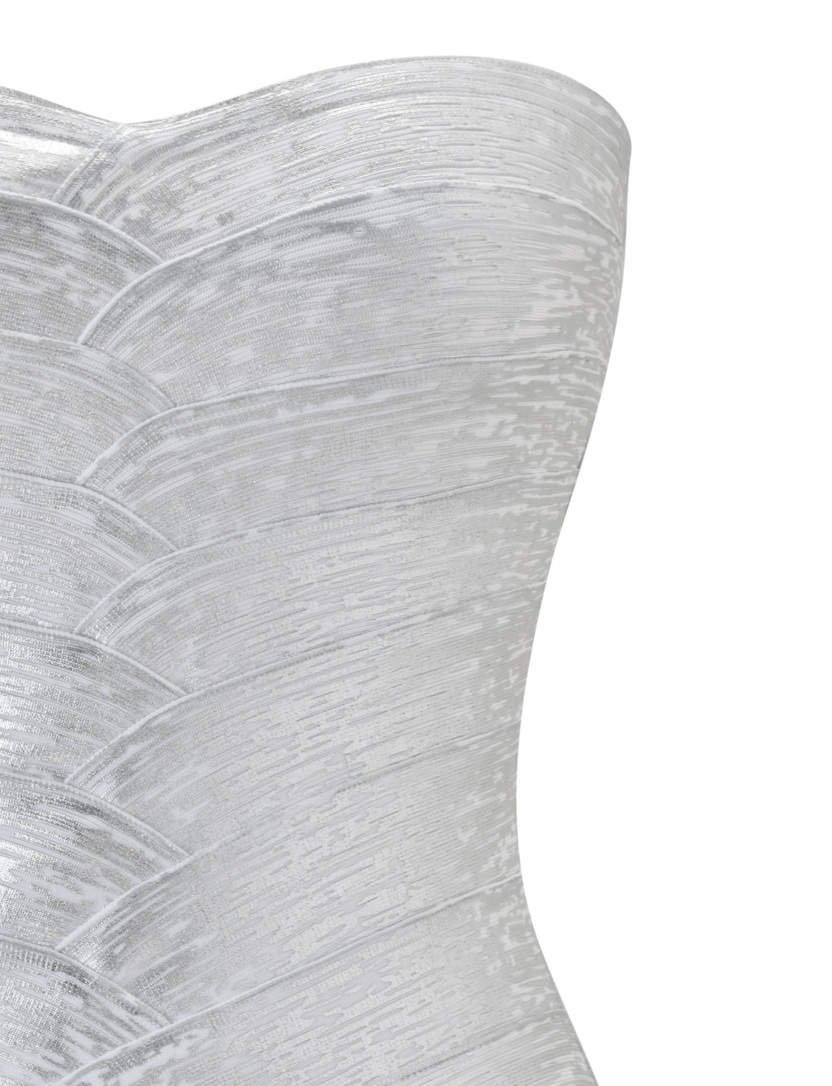Close-up of the TIGERMIST NIYA METALLIC BANDAGE DRESS in Liquid Silver, featuring a white, textured strapless sweetheart neckline and a sculpted, layered pattern against a plain white background.