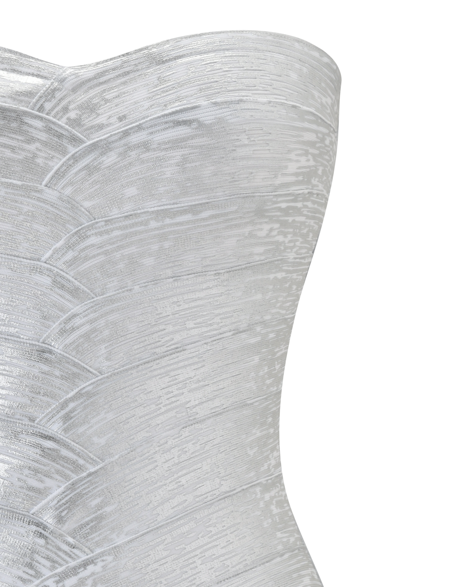 Close-up of the NIYA BANDAGE DRESS - LIQUID SILVER by TIGERMIST, a white strapless bodycon dress with a sweetheart neckline and layered pattern. Fitted bodice shown against a plain, light-colored background.