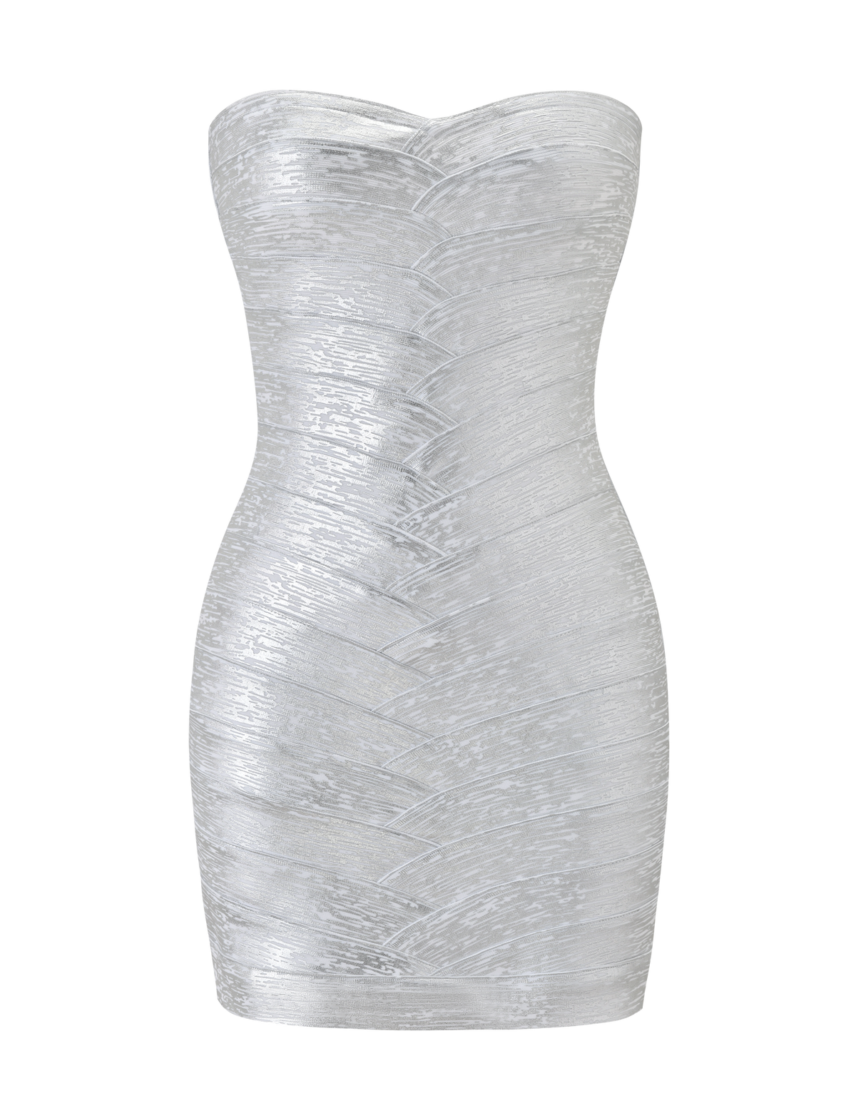The TIGERMIST NIYA METALLIC BANDAGE DRESS in Liquid Silver is a strapless, bodycon mini dress with a sweetheart neckline and textured bandage material for a shimmering, figure-hugging look.