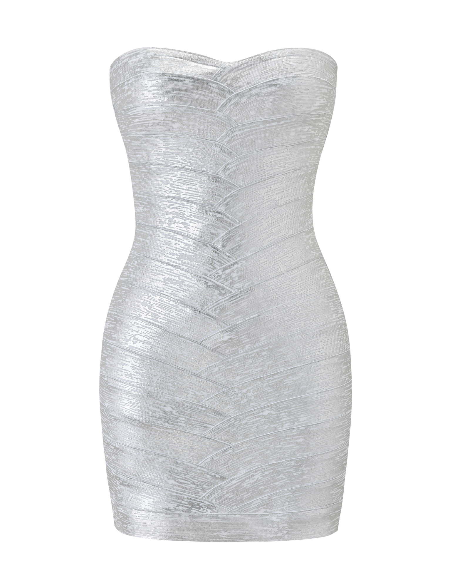 The NIYA BANDAGE DRESS - LIQUID SILVER by TIGERMIST is a strapless metallic mini dress with a sweetheart neckline, crinkled texture, geometric details, and a form-fitting bandage silhouette for a striking, glamorous look.