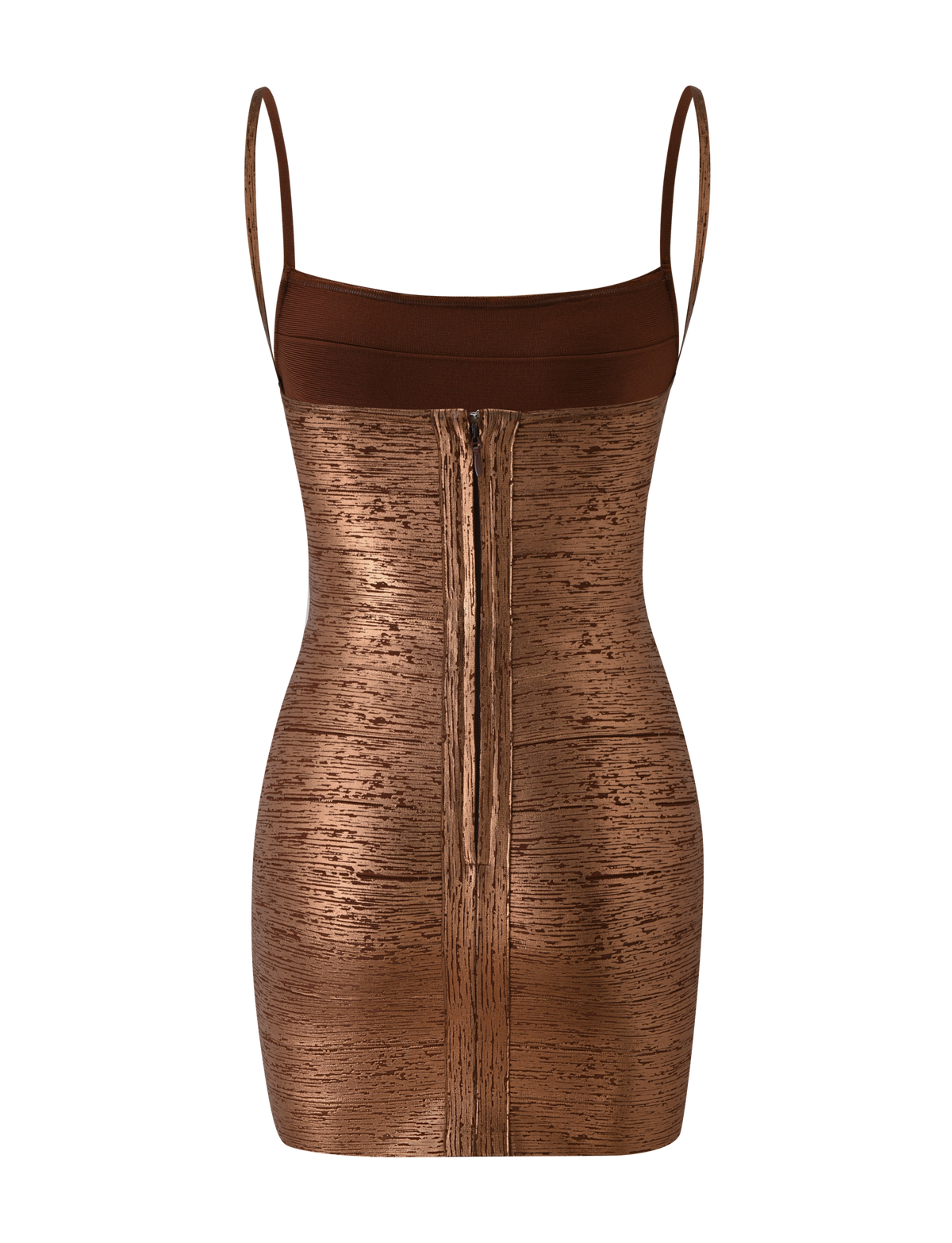 A sleeveless, metallic bronze mini dress with thin straps and a form-fitting silhouette, shown from the back on a plain white background. The MIDORI METALLIC BANDAGE MINI DRESS by TIGERMIST flatters your figure with its sculpted bodycon design.