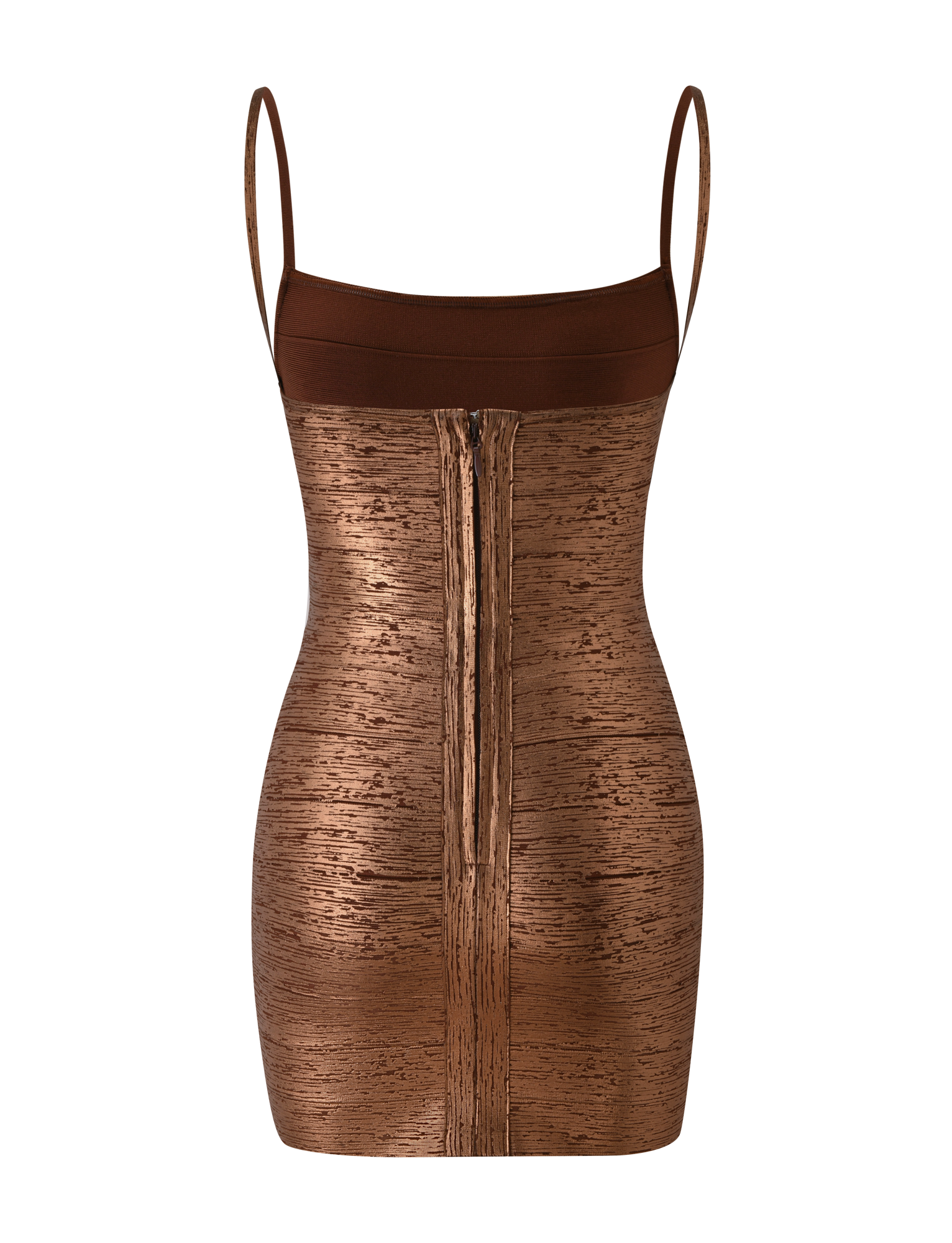 The MIDORI METALLIC MINI BANDAGE DRESS - BRONZE by TIGERMIST is a sleeveless dress featuring thin straps, a shimmery bronze finish, and a textured vertical pattern—making it the perfect choice for date night. Shown here against a plain white background.