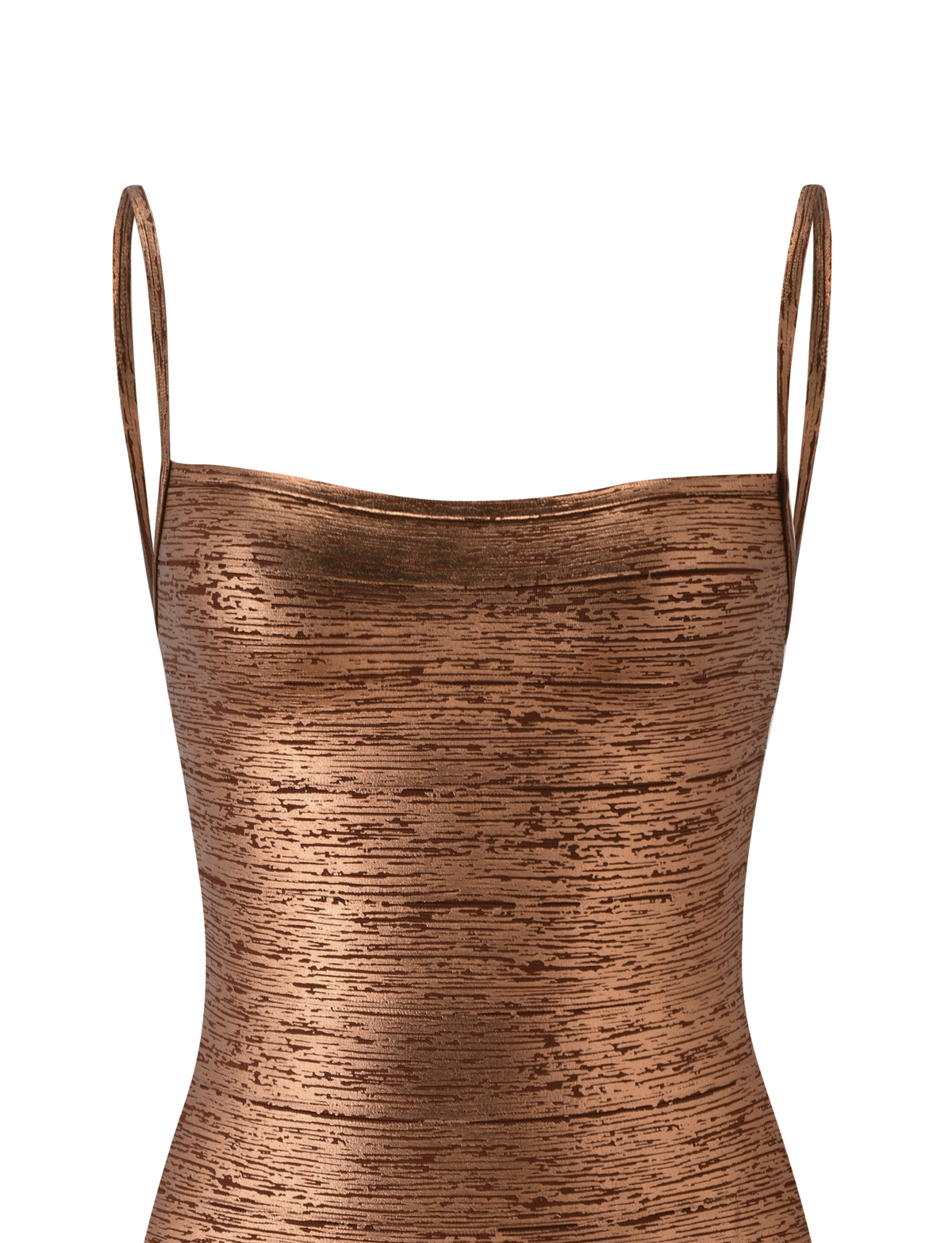 Close-up of the TIGERMIST MIDORI METALLIC BANDAGE MINI DRESS - BRONZE, a metallic bronze mini dress with thin shoulder straps and a textured horizontal line pattern, displayed against a plain white background.
