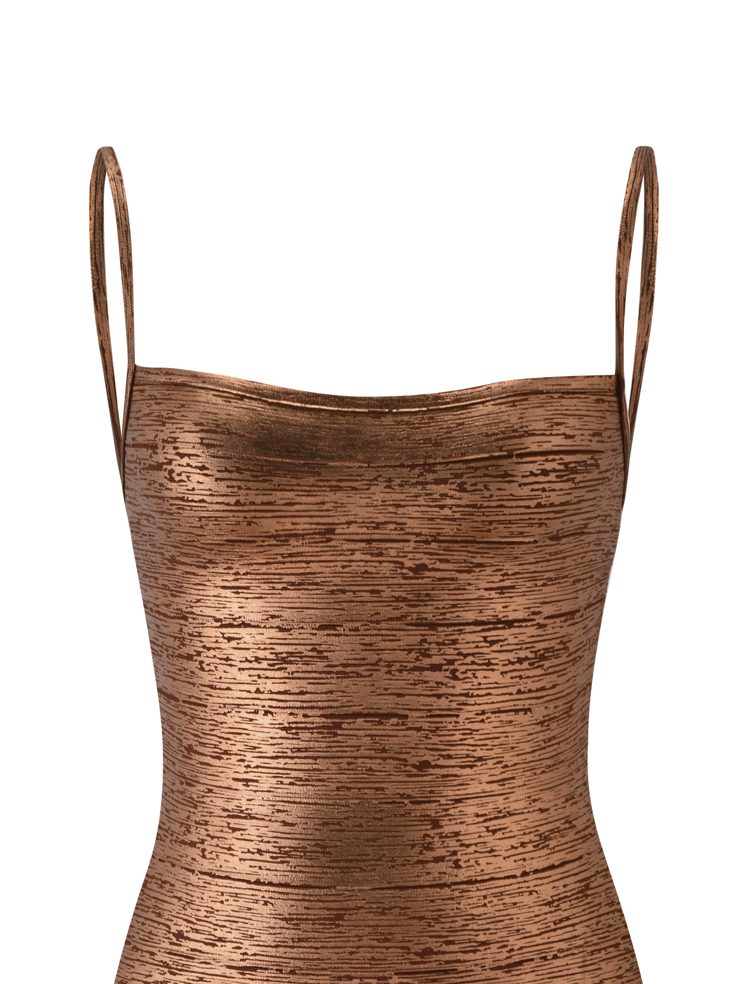 Close-up of a sleeveless, bronze mini bandage dress from TIGERMIST, featuring thin straps and a subtle horizontal textured pattern against a plain white background—an ideal date night look from the MIDORI METALLIC MINI BANDAGE DRESS collection.