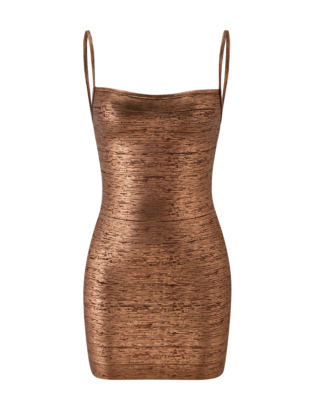 The MIDORI METALLIC BANDAGE MINI DRESS - BRONZE by TIGERMIST is a metallic bronze sleeveless mini dress featuring thin spaghetti straps, a fitted silhouette, and a subtle textured sheen. Shown against a plain white background, this bronze bandage dress from TIGERMIST accentuates your curves with its sleek, body-hugging design, embodying the signature style of the MIDORI collection.
