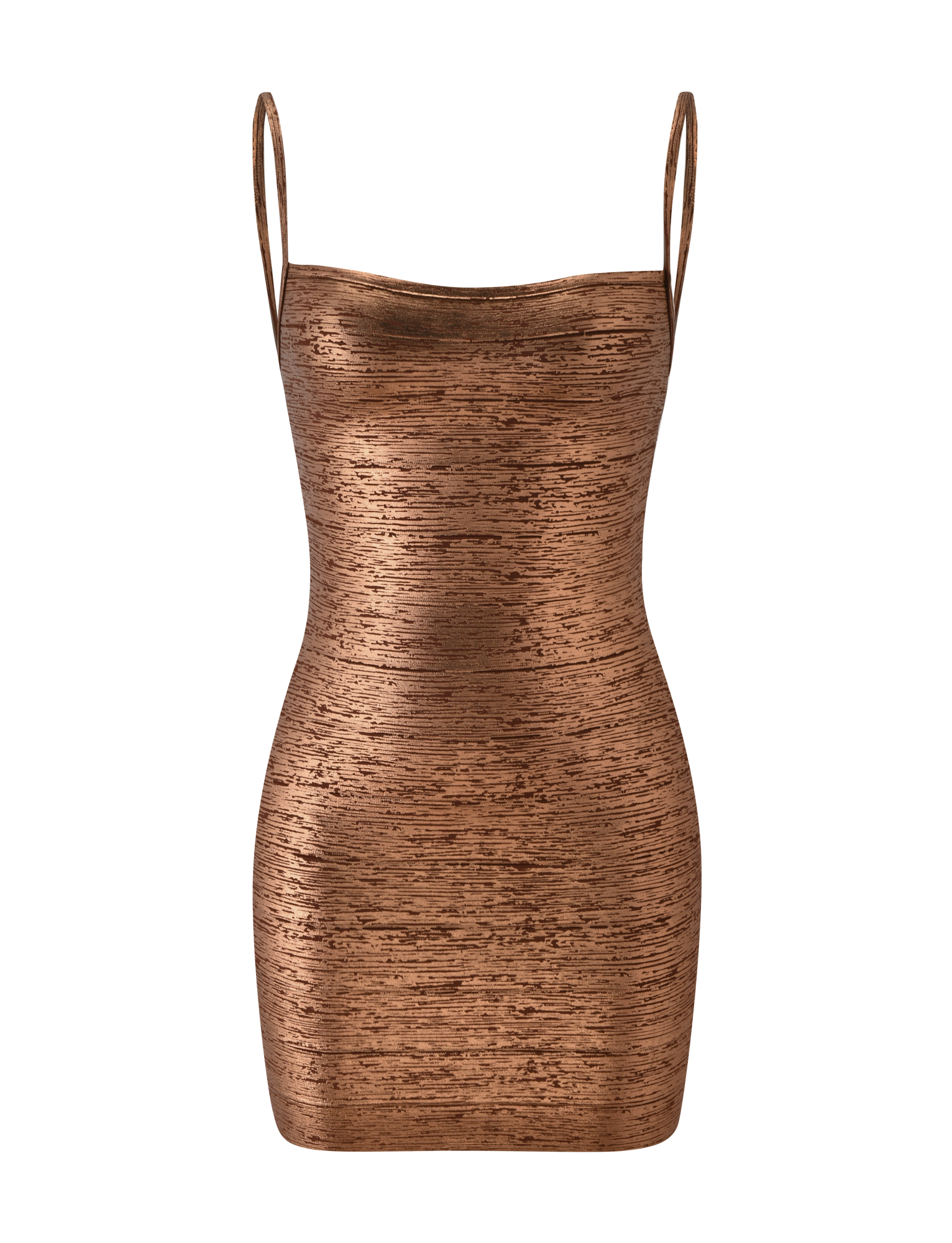 The MIDORI METALLIC MINI BANDAGE DRESS in bronze by TIGERMIST features a shiny, metallic finish, fitted silhouette, and thin spaghetti straps—making it the perfect dazzling date night dress—shown against a plain white background.