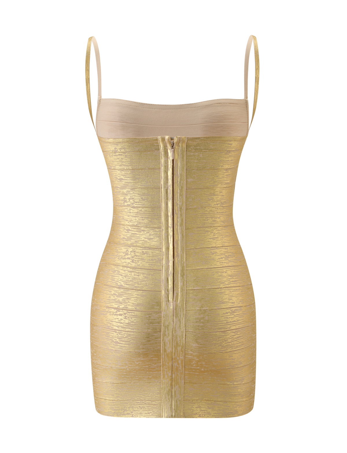The TIGERMIST MIDORI METALLIC BANDAGE MINI DRESS in gold is a sleeveless bodycon mini dress featuring thin straps, a visible back zipper, and a shiny textured finish. This eye-catching metallic gold dress is showcased against a white background.
