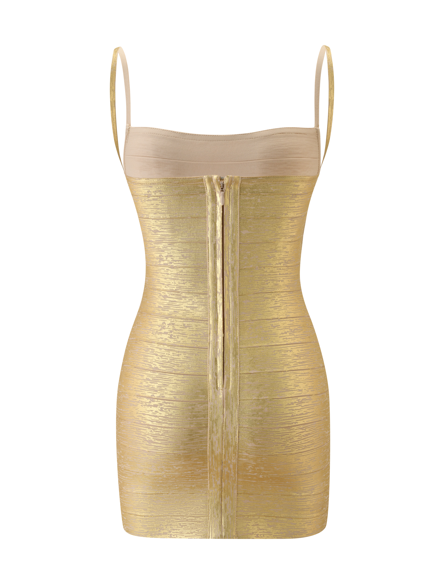 The TIGERMIST MIDORI BANDAGE DRESS in gold features thin shoulder straps, a square neckline, and a back zipper. Its metallic, form-fitting silhouette cinches the waist and adds shine for a structured look.