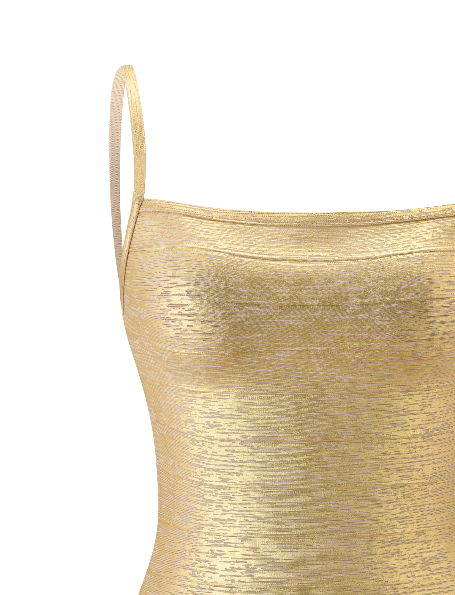 Close-up of TIGERMIST's MIDORI BANDAGE DRESS in gold, featuring a metallic-textured finish, thin straps, and a subtle square neckline. The shiny fabric mimics gold bandage material. Only the upper half is shown against a white backdrop.