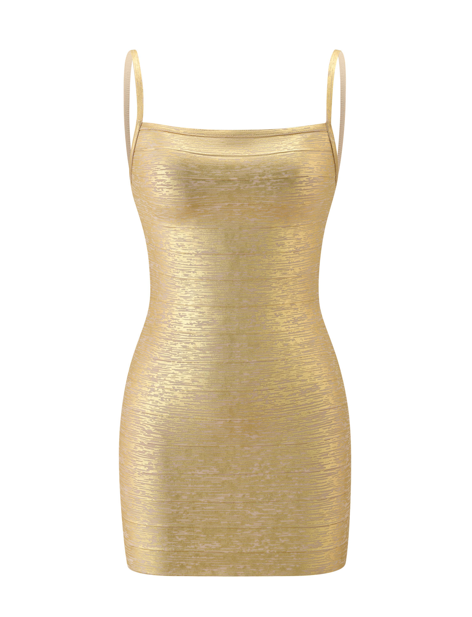 The MIDORI BANDAGE DRESS by TIGERMIST features a metallic gold finish, square neckline, sleeveless cut with spaghetti straps, a waist-cinching fit, and subtle textured pattern, shown on a plain white background.