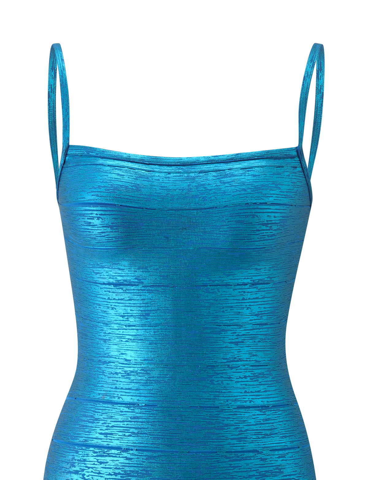 Aqua blue sleeveless MIDORI METALLIC MINI BANDAGE DRESS by TIGERMIST, featuring thin shoulder straps and displayed from the front against a plain white background.
