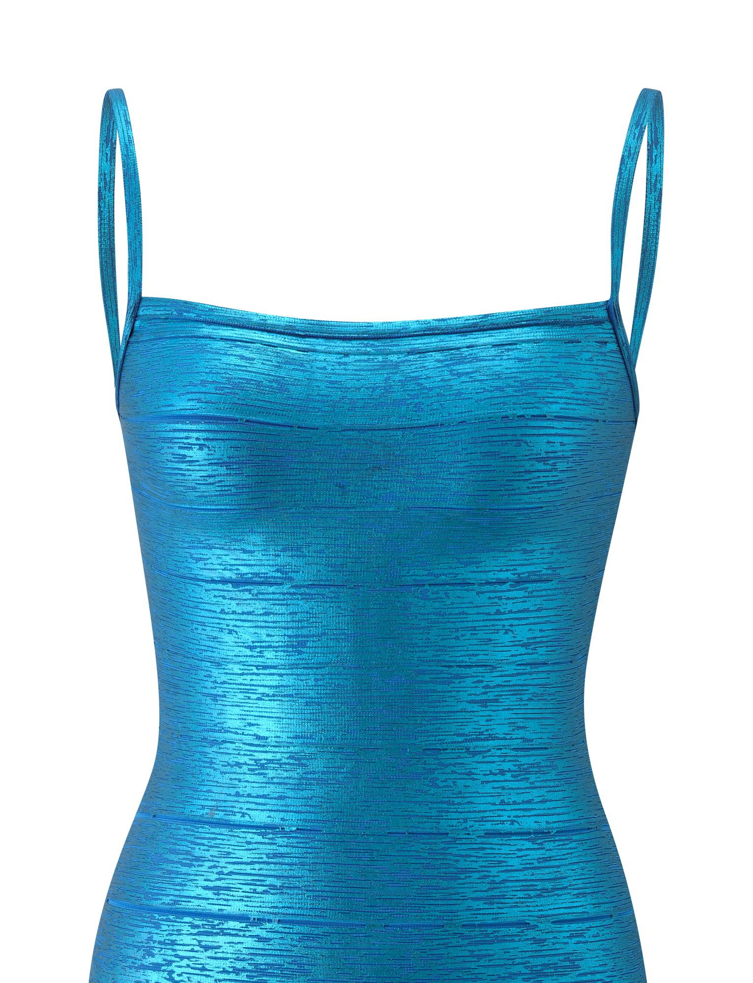 Aqua blue sleeveless MIDORI METALLIC MINI BANDAGE DRESS by TIGERMIST, featuring thin shoulder straps and displayed from the front against a plain white background.