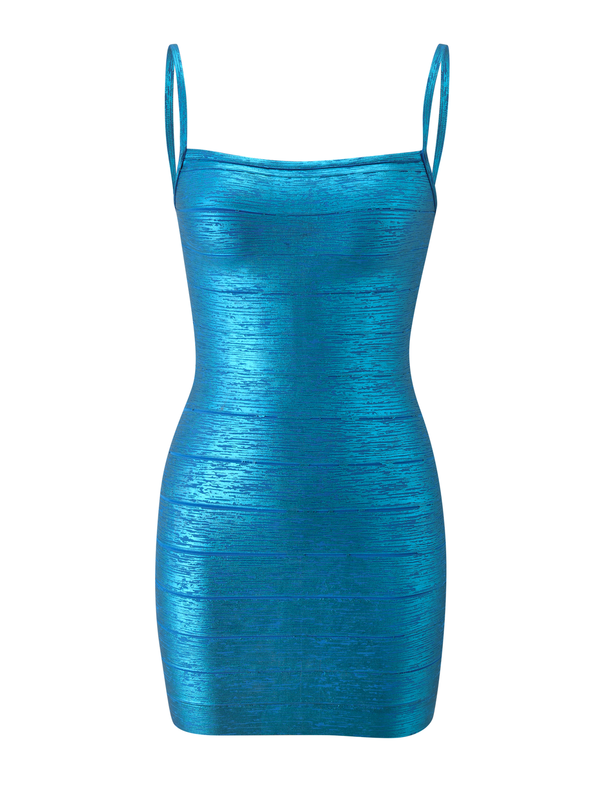 The TIGERMIST MIDORI METALLIC MINI BANDAGE DRESS in aqua features a bright blue, metallic-textured finish with a sleeveless bodycon mini silhouette and thin shoulder straps, showcased against a plain white background.
