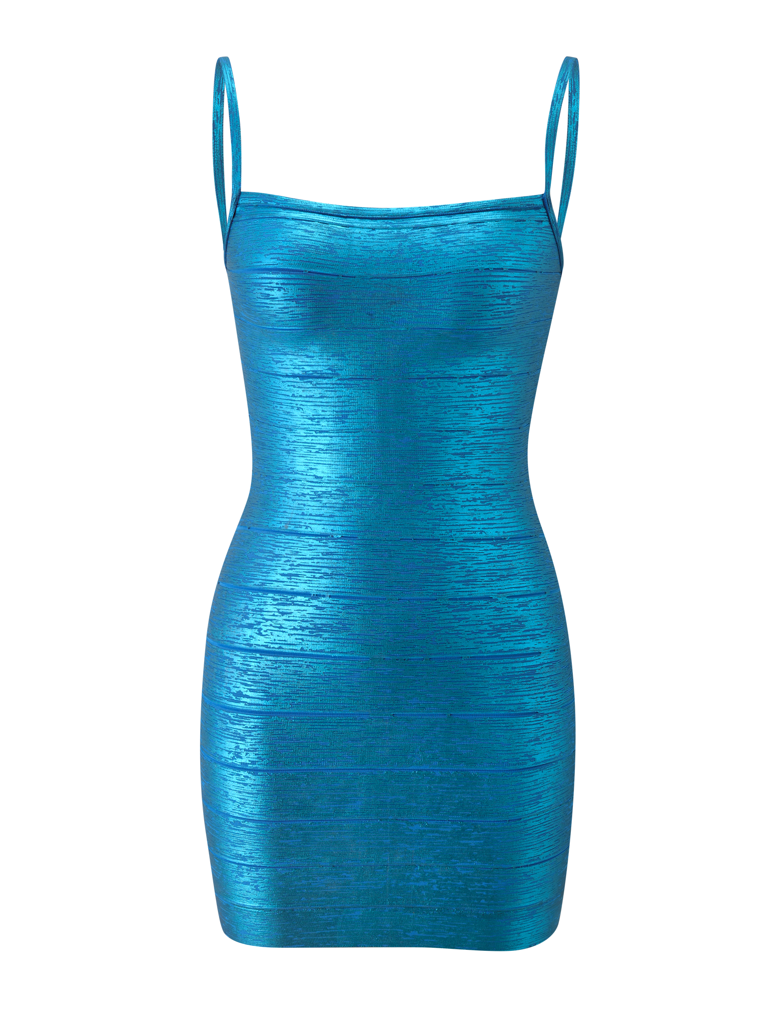 The TIGERMIST MIDORI METALLIC MINI BANDAGE DRESS in aqua features a bright blue, metallic-textured finish with a sleeveless bodycon mini silhouette and thin shoulder straps, showcased against a plain white background.