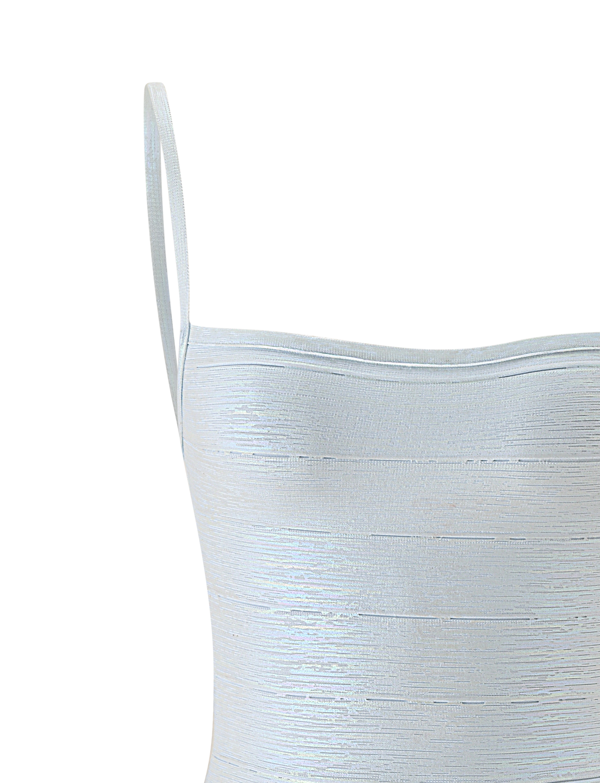 Light blue, sleeveless MINI dress with thin shoulder straps and subtle textured horizontal lines, reminiscent of the TIGERMIST MIDORI METALLIC BANDAGE MINI DRESS in Opal, shown close-up against a white background.