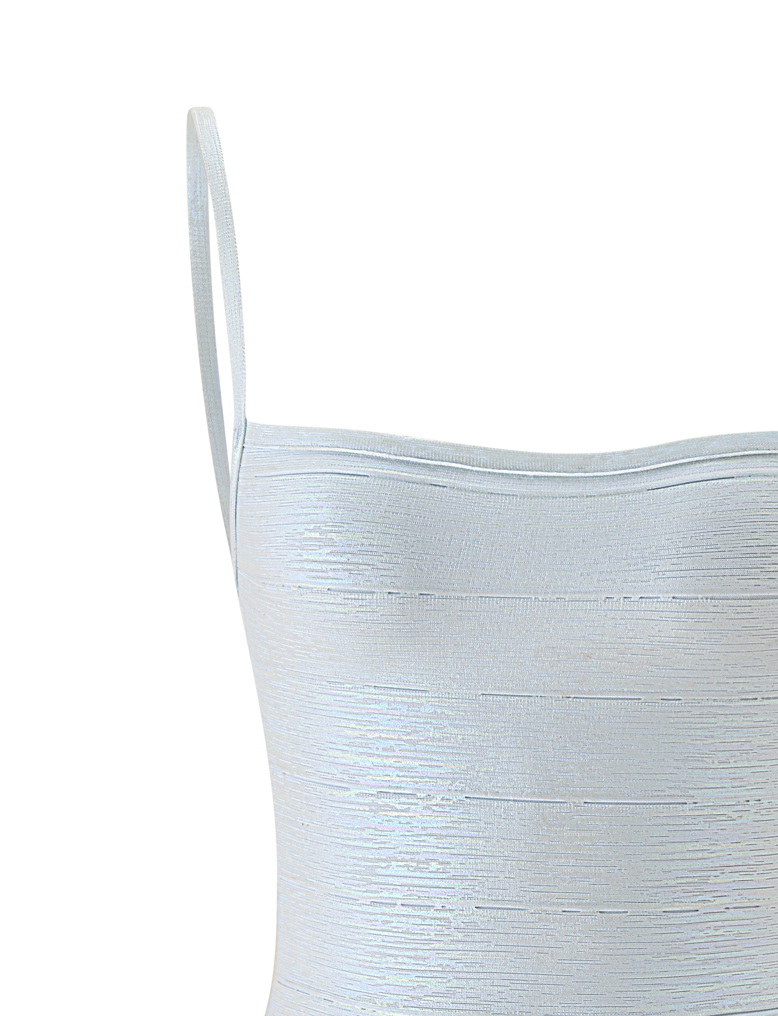 Close-up of the TIGERMIST MIDORI METALLIC MINI BANDAGE DRESS in Opal, featuring a light blue textured fabric and thin spaghetti straps, displayed on a plain white background.