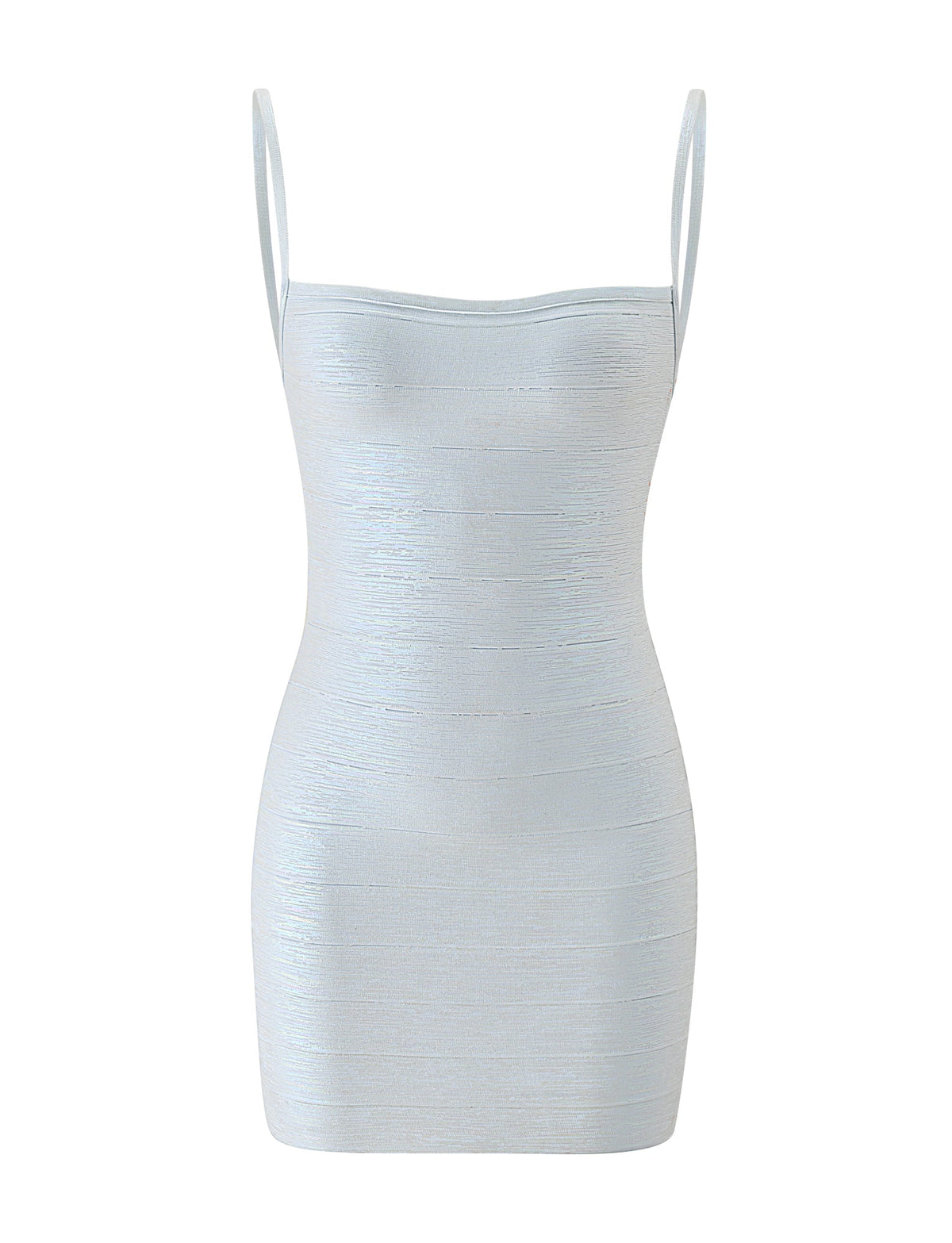The MIDORI METALLIC BANDAGE MINI DRESS - OPAL by TIGERMIST is a light blue, sleeveless bodycon mini dress featuring thin spaghetti straps and a subtle textured pattern in the opal colourway, displayed against a white background.