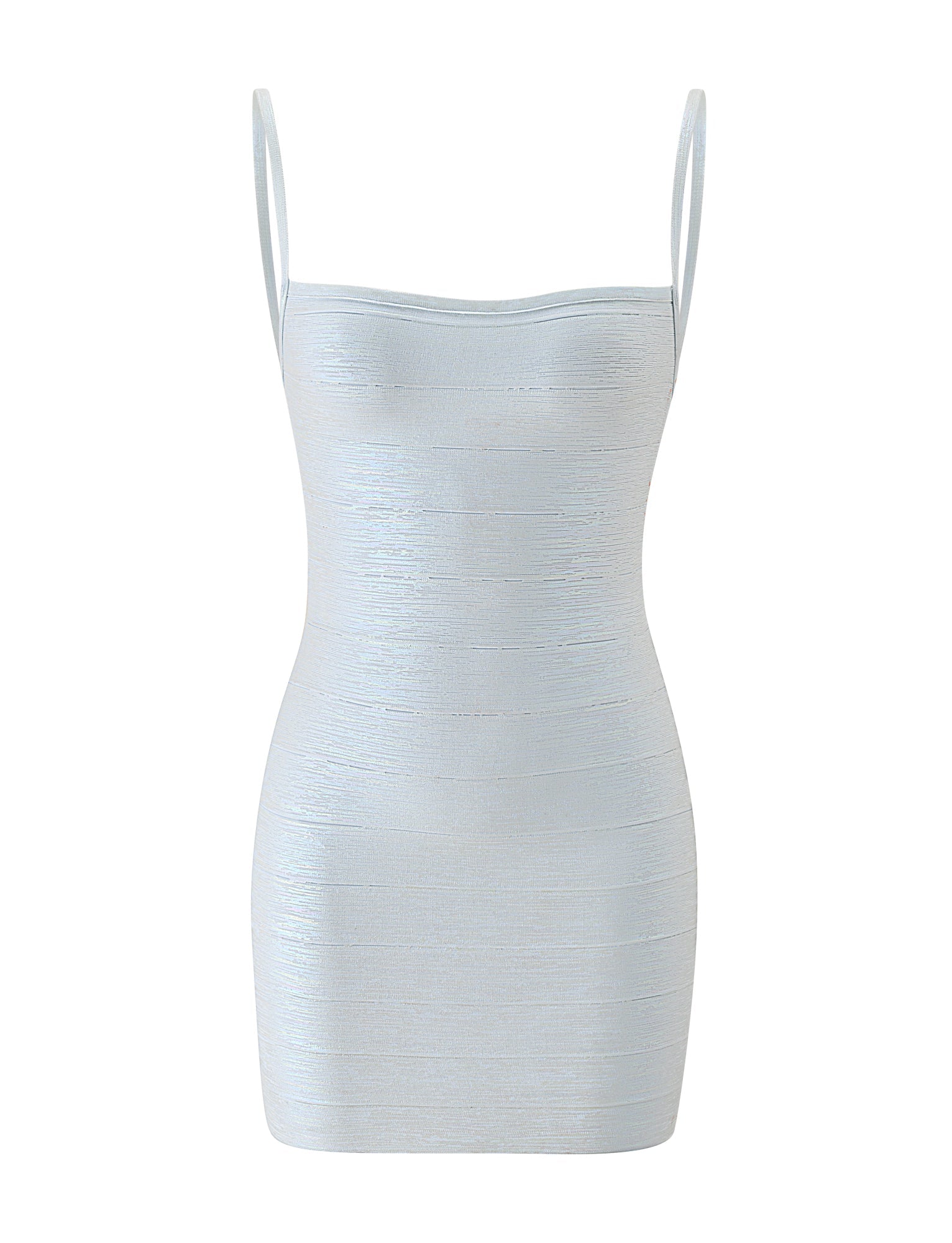 The MIDORI METALLIC MINI BANDAGE DRESS - OPAL by TIGERMIST is a light blue, sleeveless bodycon mini dress with delicate spaghetti straps, featuring a subtle textured pattern and a flattering, form-fitting silhouette. Photographed against a plain white background, this modern take on the classic opal bandage dress is perfect for those seeking an elegant and stylish special occasion outfit.