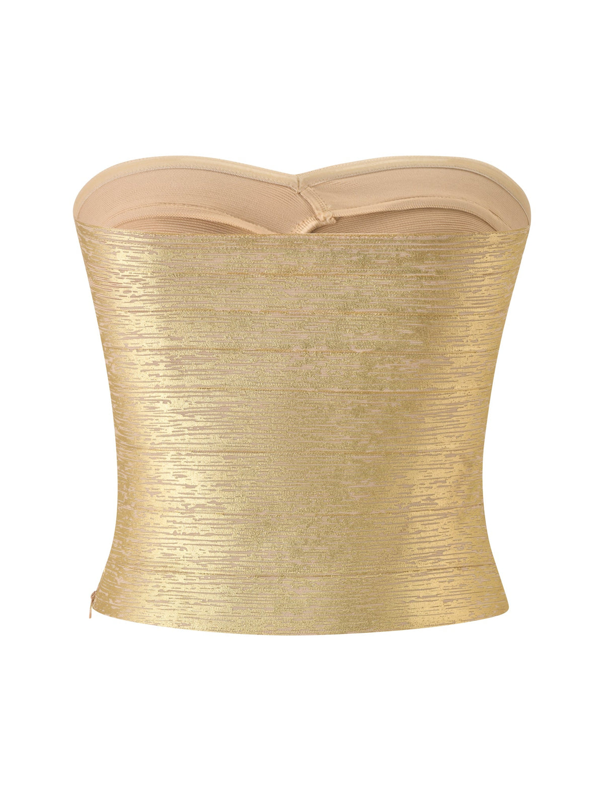 The NIYA METALLIC BANDAGE TOP by TIGERMIST is a strapless, gold top with a shimmering, metallic finish, featuring a sweetheart neckline and a flattering corset-style design.