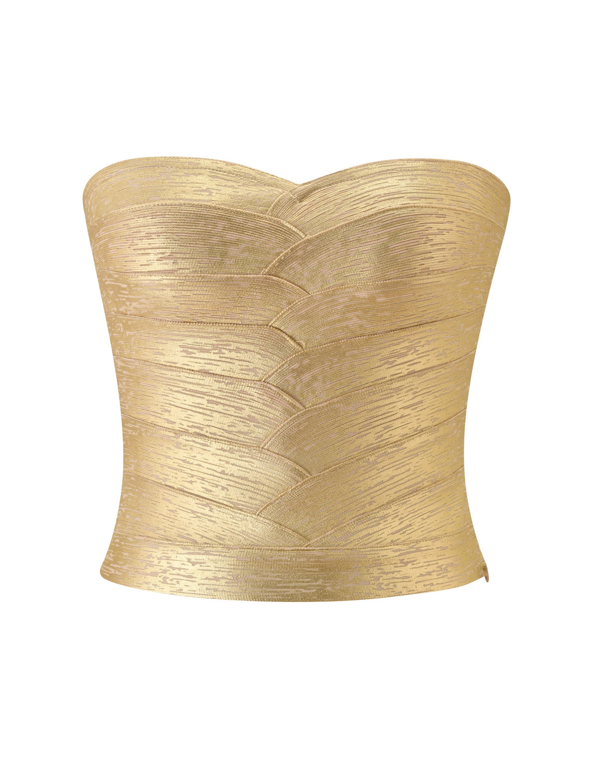 The NIYA METALLIC BANDAGE TOP - GOLD by TIGERMIST features a strapless, corset-inspired silhouette with a sweetheart neckline and textured, overlapping fabric. Crafted in a shiny metallic gold finish, this top delivers an eye-catching statement look.