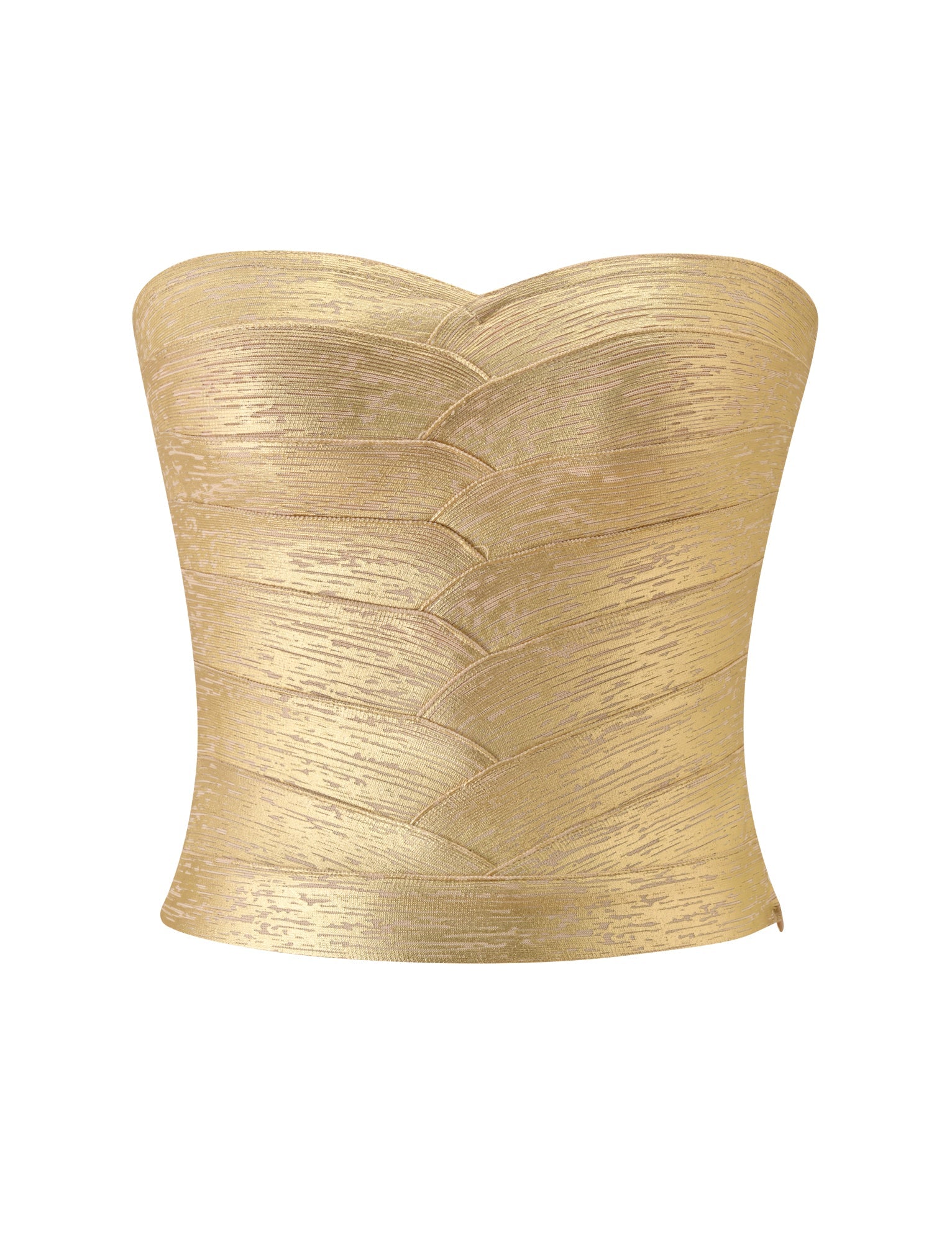 The NIYA METALLIC BANDAGE TOP - GOLD by TIGERMIST features a strapless, corset-inspired silhouette with a sweetheart neckline and textured, overlapping fabric. Crafted in a shiny metallic gold finish, this top delivers an eye-catching statement look.