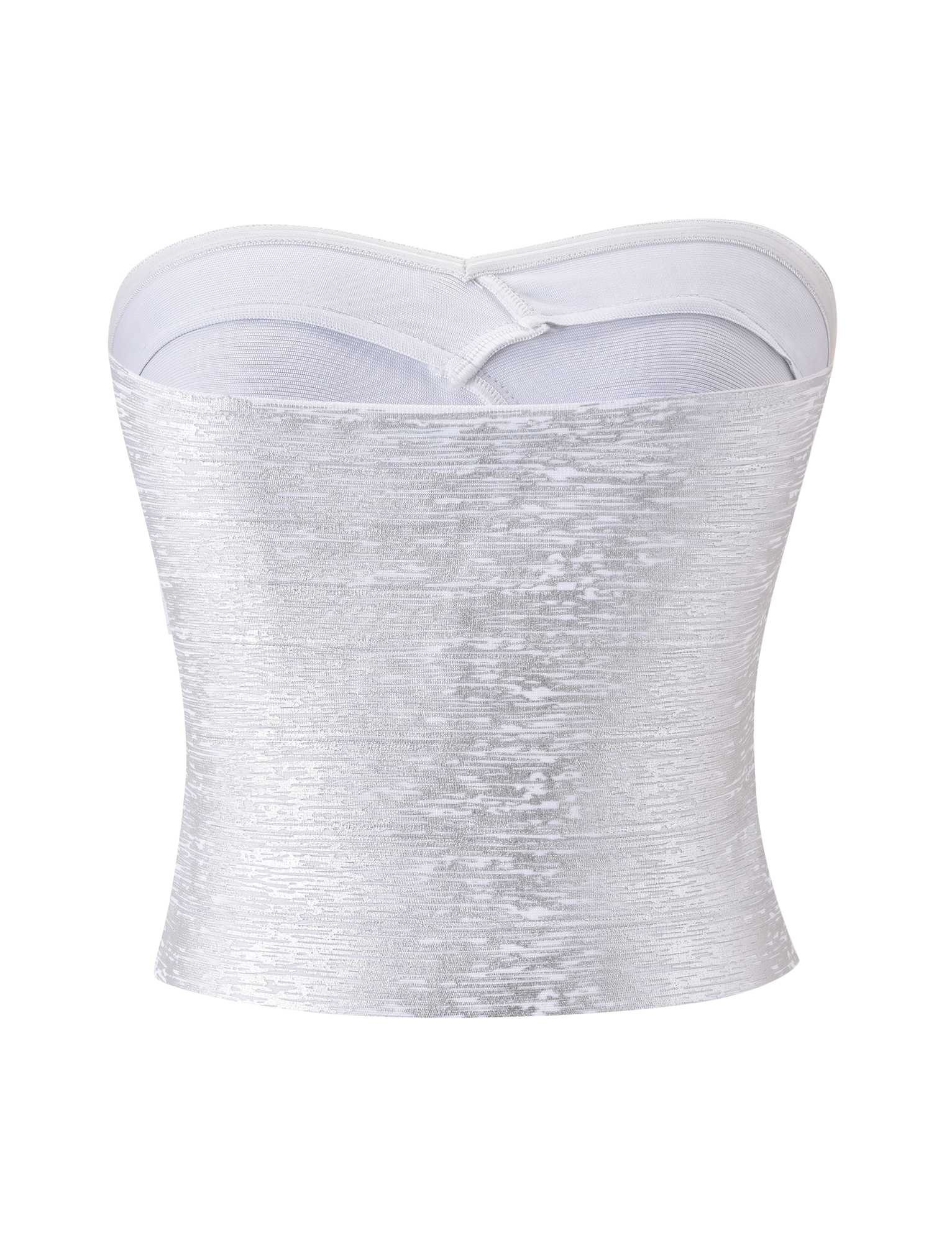 The NIYA METALLIC BANDAGE TOP - LIQUID SILVER by TIGERMIST features a subtle textured pattern and a flattering sweetheart neckline, showcased against a plain white background.