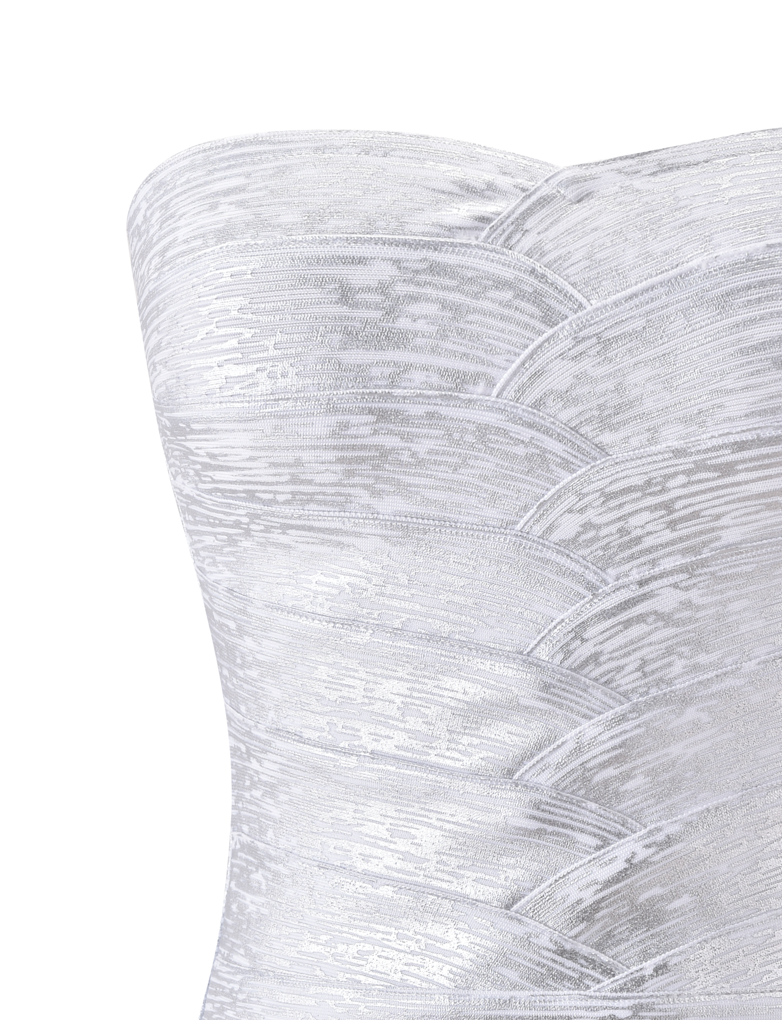 Close-up of the TIGERMIST NIYA BANDAGE TOP in Liquid Silver, featuring a strapless design with textured, layered fabric that creates a wave effect. The fitted silhouette and metallic sheen enhance its bold, eye-catching style.