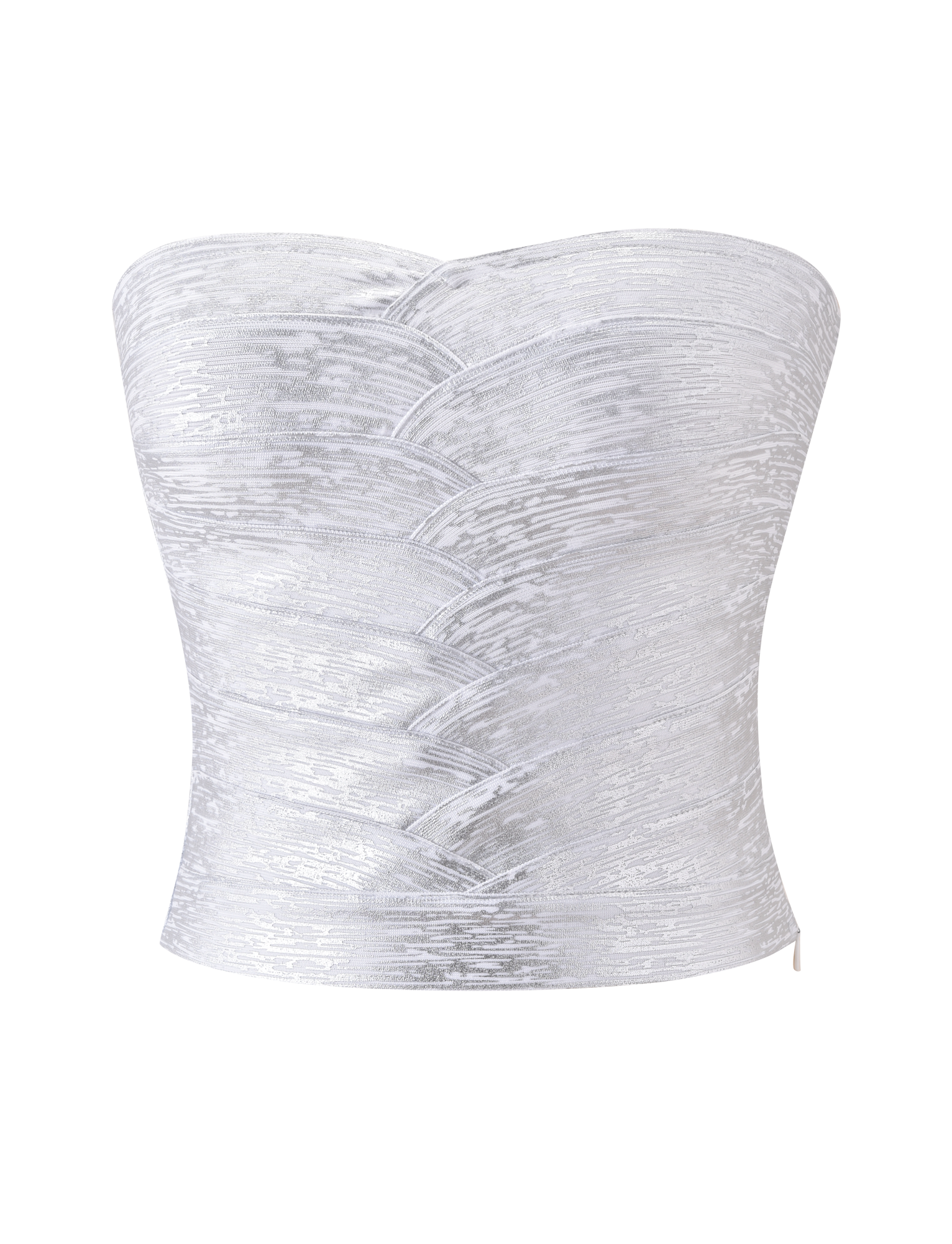 The TIGERMIST NIYA METALLIC BANDAGE TOP in Liquid Silver features a strapless, sweetheart neckline and textured pattern, shown against a plain white background.