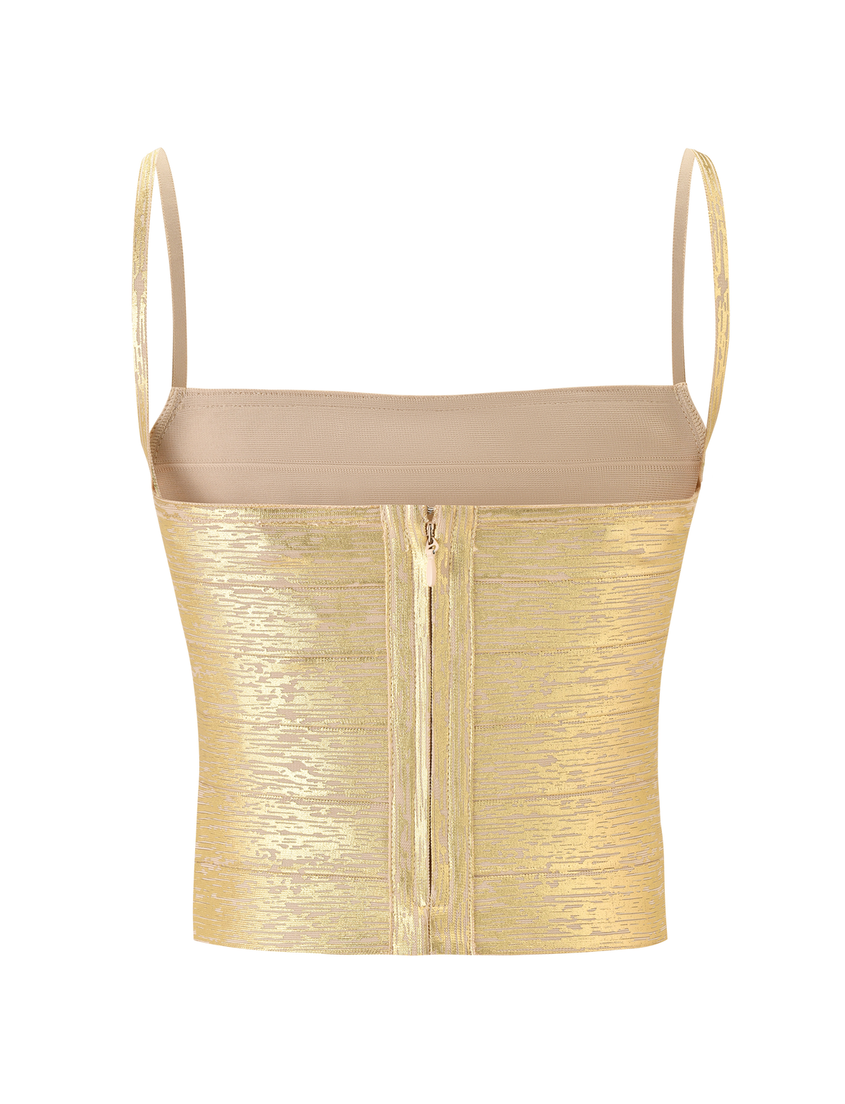 The MIDORI METALLIC BANDAGE TOP by TIGERMIST features a gold finish, thin spaghetti straps, a straight square-inspired neckline, and a visible front zipper, shown against a white background.