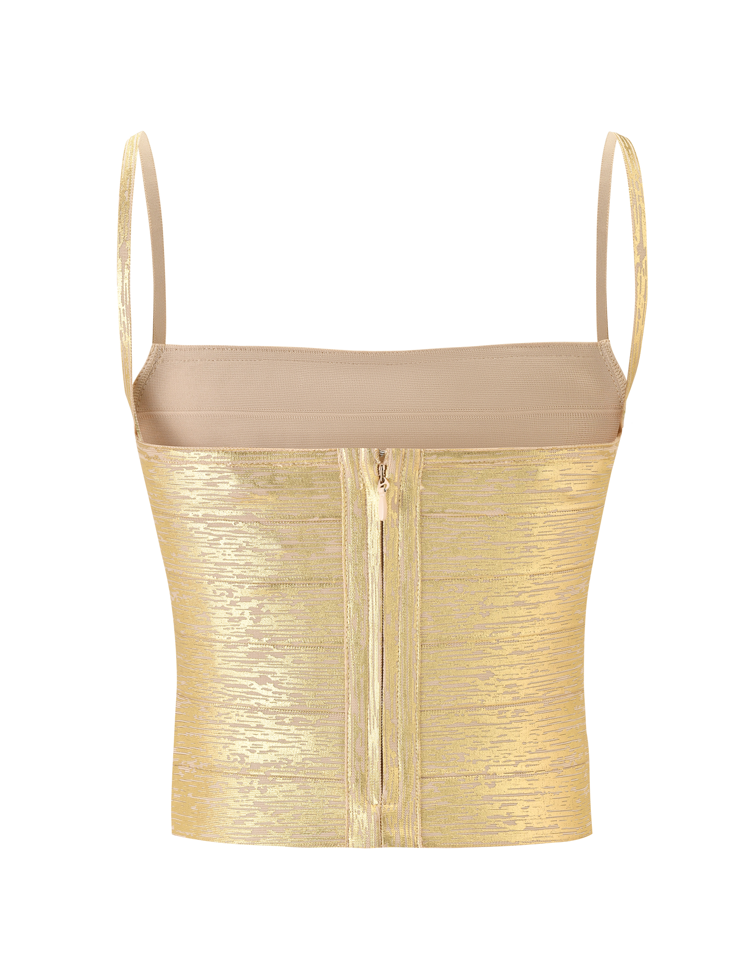 The TIGERMIST MIDORI BANDAGE TOP - GOLD is a sleeveless, fitted top with a square neckline, thin straps, and a central front zipper, shown against a plain white background.