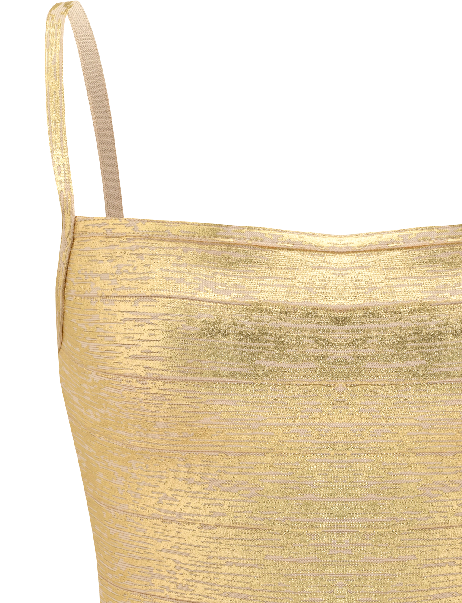 Close-up of the TIGERMIST MIDORI BANDAGE TOP in gold, featuring thin straps, a square neckline, and subtly textured shimmering fabric. Set against a plain white background.