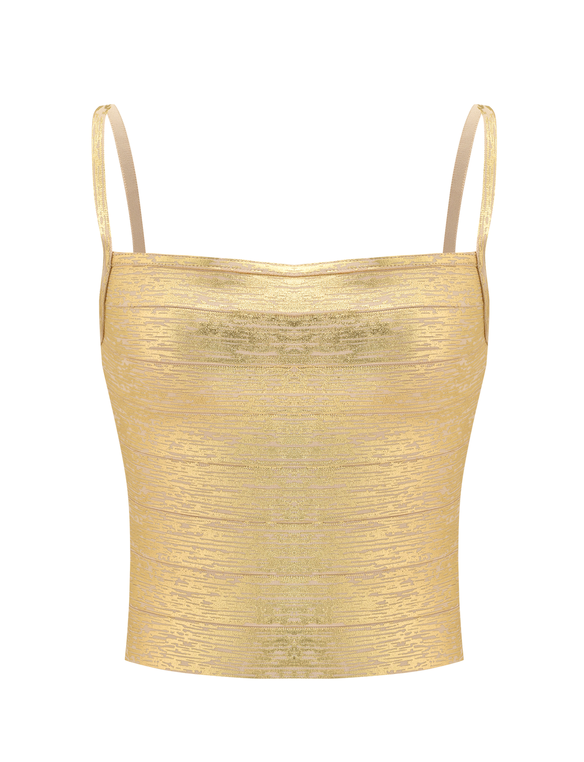 The TIGERMIST MIDORI METALLIC BANDAGE TOP in gold showcases a square neckline, thin spaghetti straps, and a smooth, shiny finish with a fitted silhouette, displayed against a plain white background.