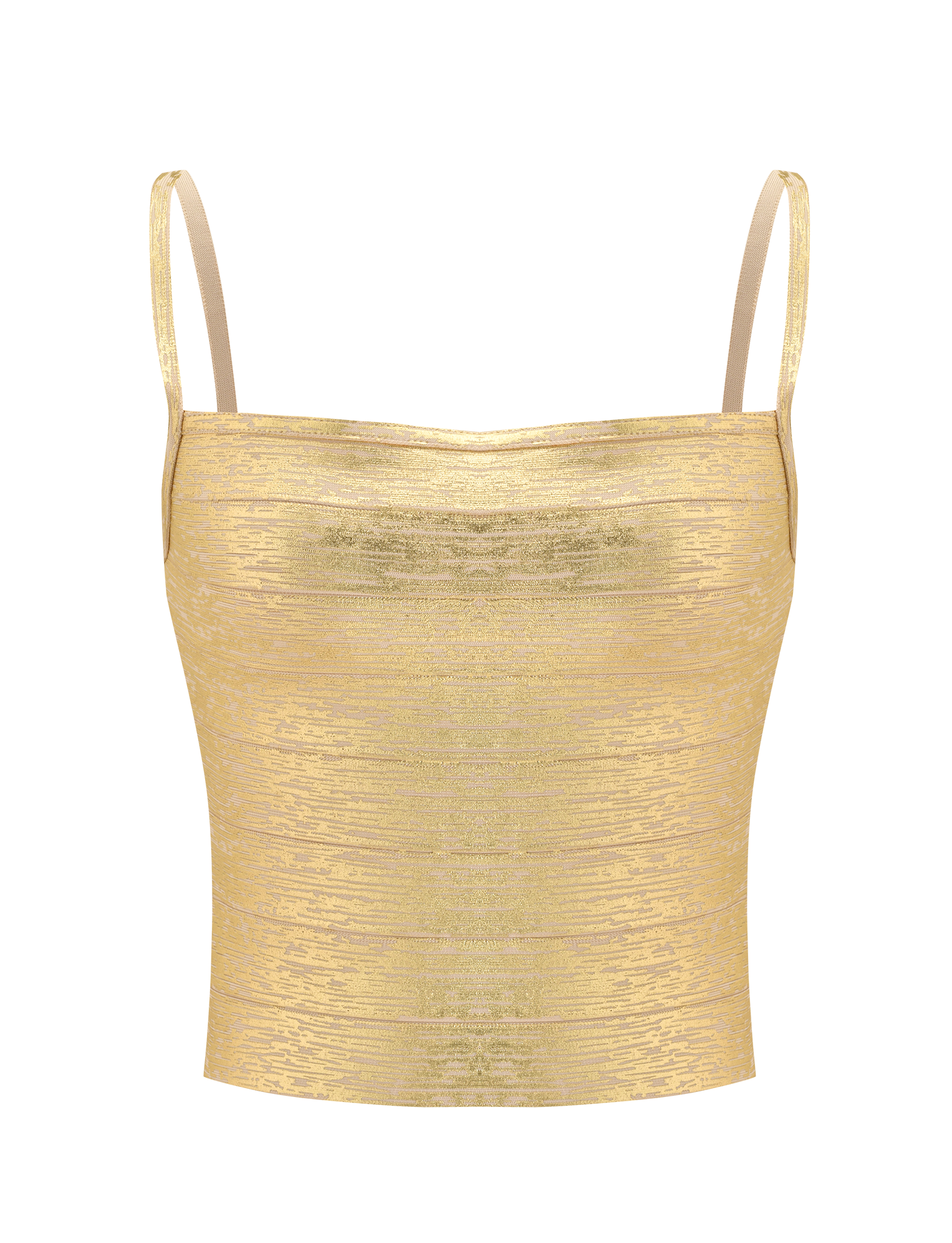 The MIDORI BANDAGE TOP by TIGERMIST is a gold metallic crop top with thin spaghetti straps and a square neckline, featuring a fitted, straight cut in shiny textured fabric. Shown against a plain white background.