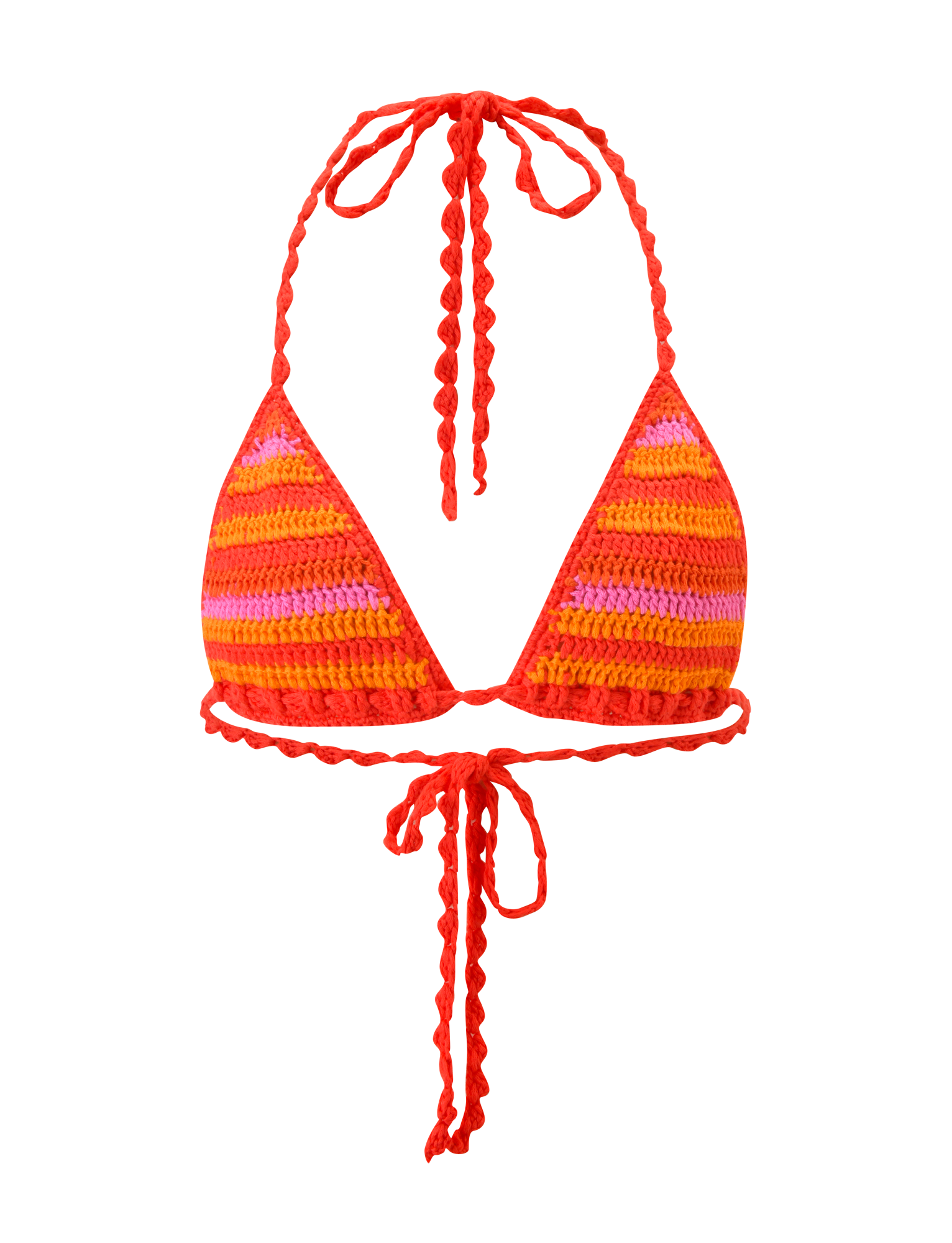 The CORA BIKINI TOP 2.0 - SUNSET TROPICAL STRIPE by TIGERMIST is a crochet bikini top with braided ties, showcasing vibrant orange, pink, and red stripes on a plain white background.