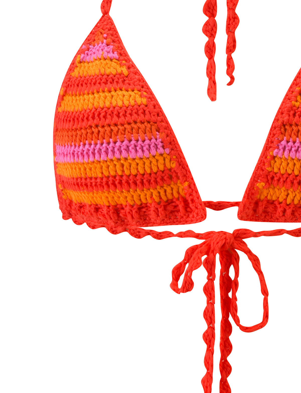 Close-up of the TIGERMIST CORA BIKINI TOP 2.0 - SUNSET TROPICAL STRIPE, a crochet bikini with multicolour red, orange, and pink stripes, halter neck, and front bow tie straps shown against a plain white background.