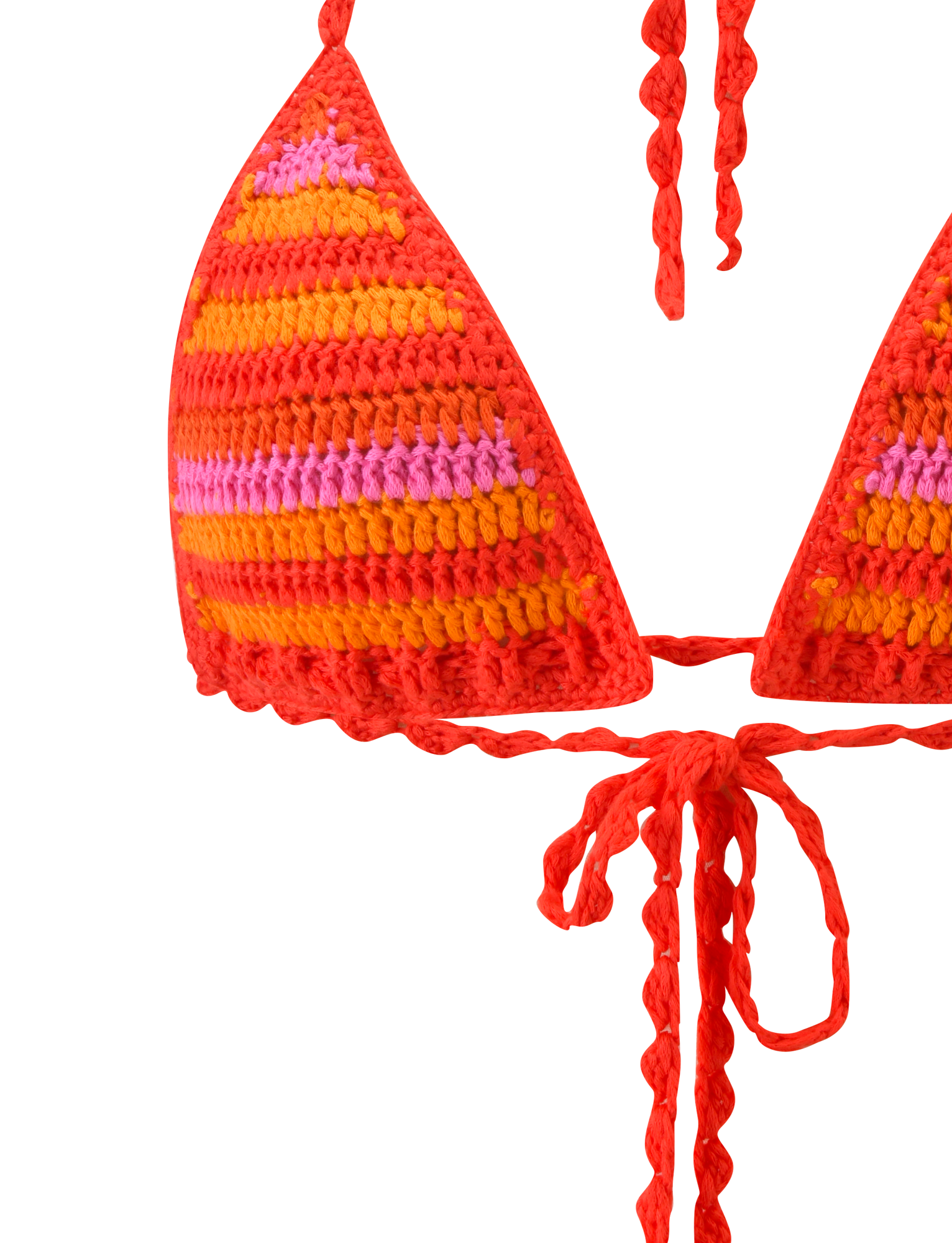 Close-up of the TIGERMIST CORA BIKINI TOP 2.0 - SUNSET TROPICAL STRIPE, a crochet bikini with multicolour red, orange, and pink stripes, halter neck, and front bow tie straps shown against a plain white background.