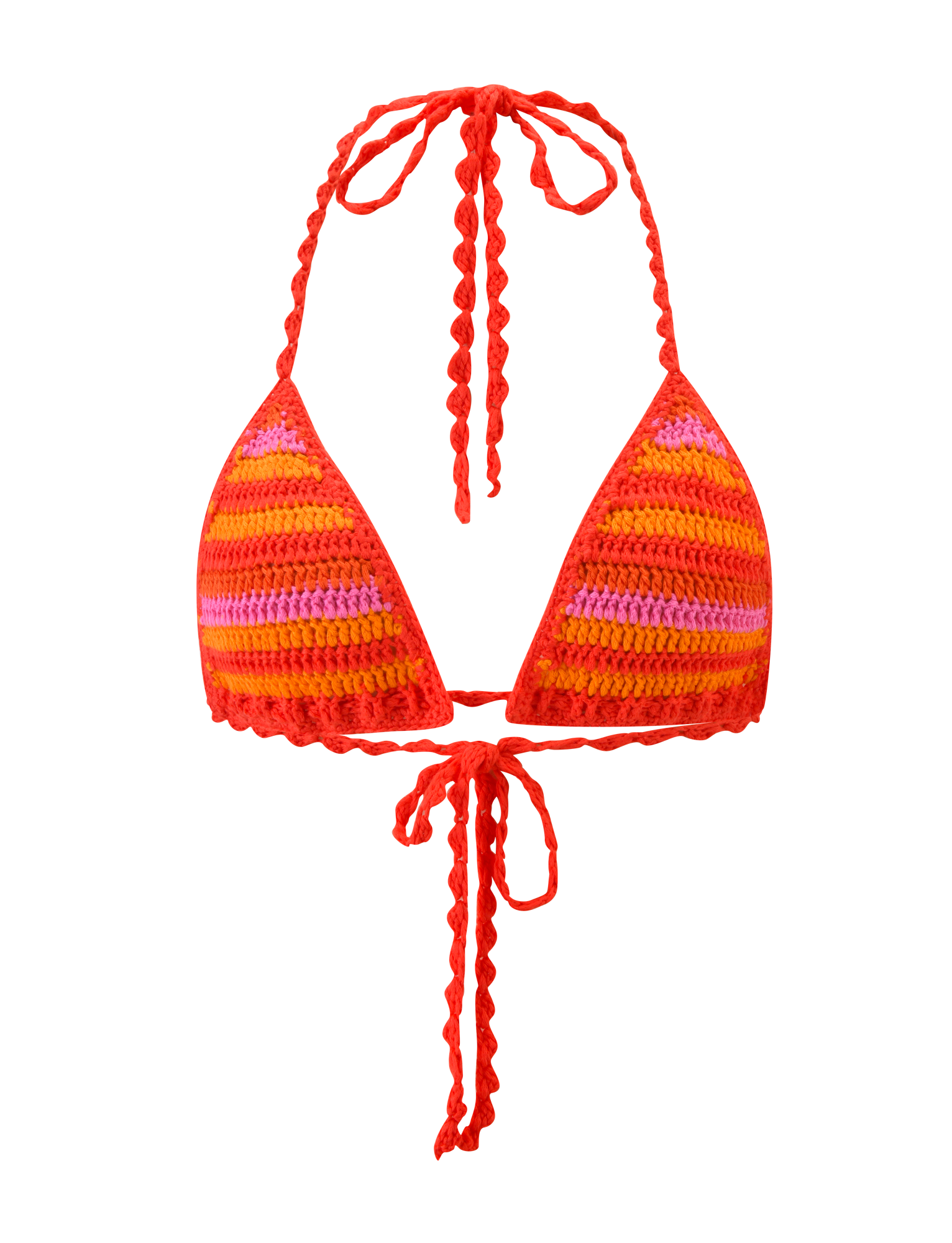 The TIGERMIST CORA BIKINI TOP 2.0 - SUNSET TROPICAL STRIPE is a crochet bikini top with red, orange, and pink stripes, featuring a halter neck, tie-back closure, and braided straps.