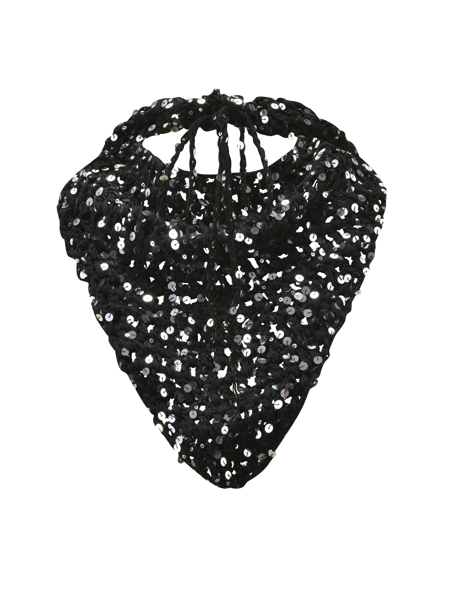 The SYLVAN CROCHET SCARF in black by TIGERMIST, featuring a textured crochet design—ideal as a stylish festival accessory—shown against a plain white background.