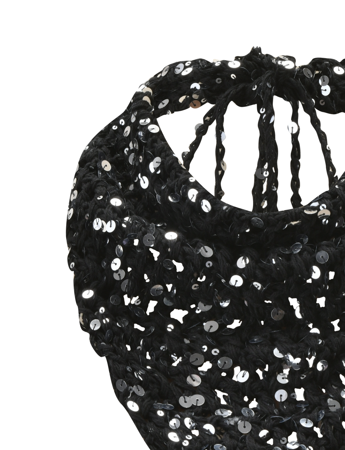 Close-up of the TIGERMIST SYLVAN CROCHET SCARF in black, featuring an open-knit design with shiny black sequins and twisted handles, displayed against a plain white background.