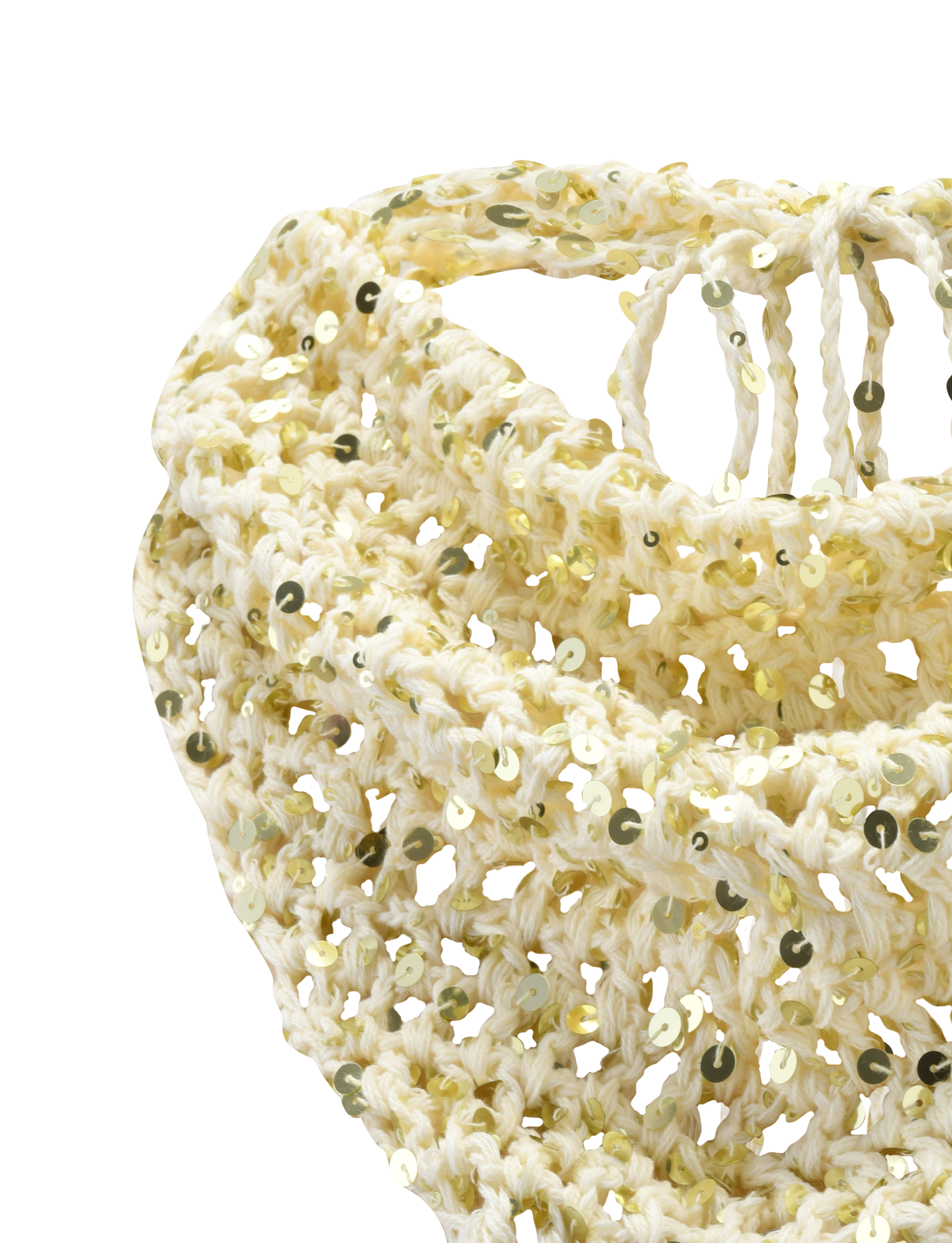 Close-up of the cream SYLVAN CROCHET SCARF by TIGERMIST, featuring an open woven pattern with shiny gold sequins—stylish as a festival accessory or paired with your favorite bag.