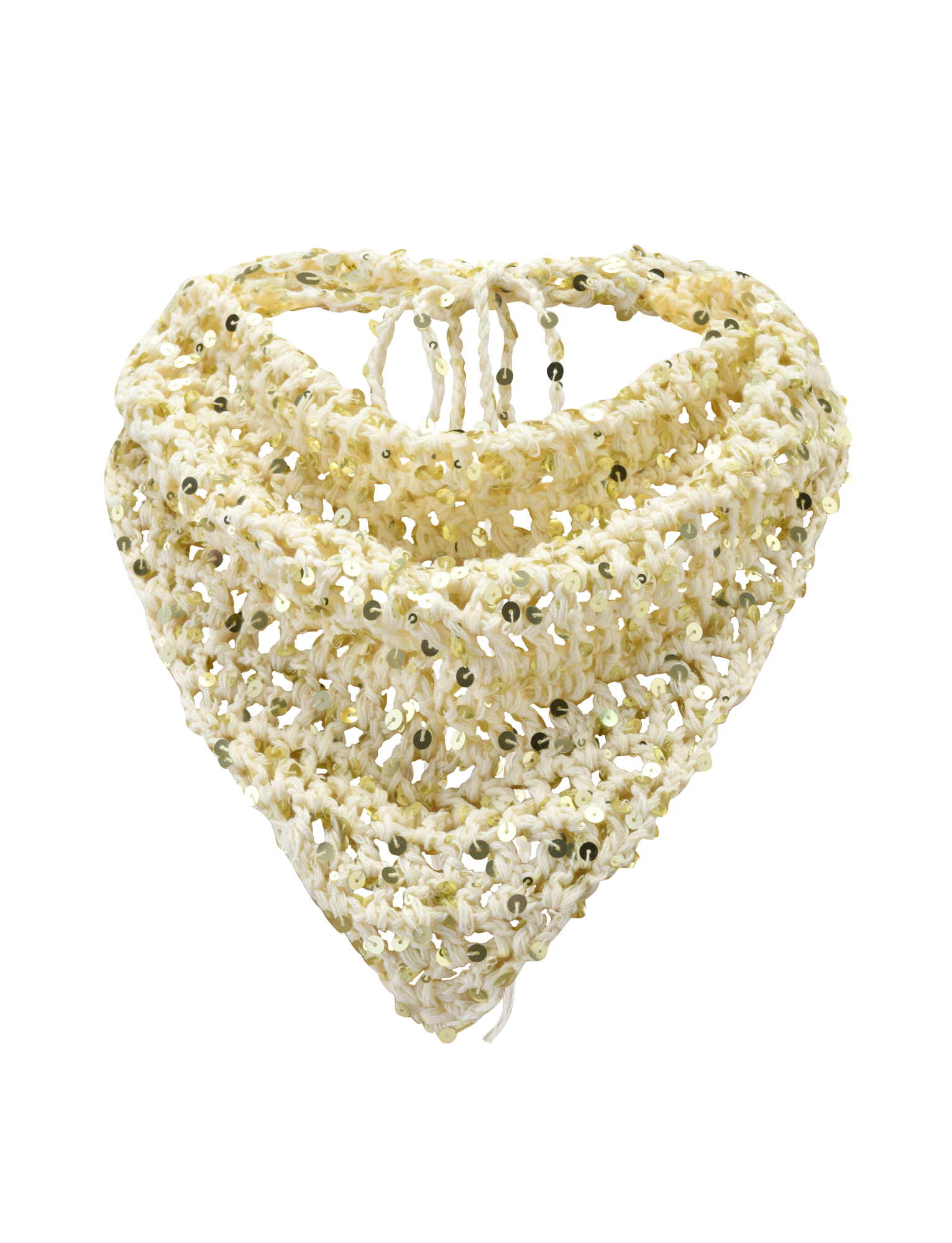 The TIGERMIST SYLVAN CROCHET SCARF in cream is a handmade, triangular bandana-style accessory with scattered green sequins—ideal as a sequin scarf or unique festival piece, shown on a white background.