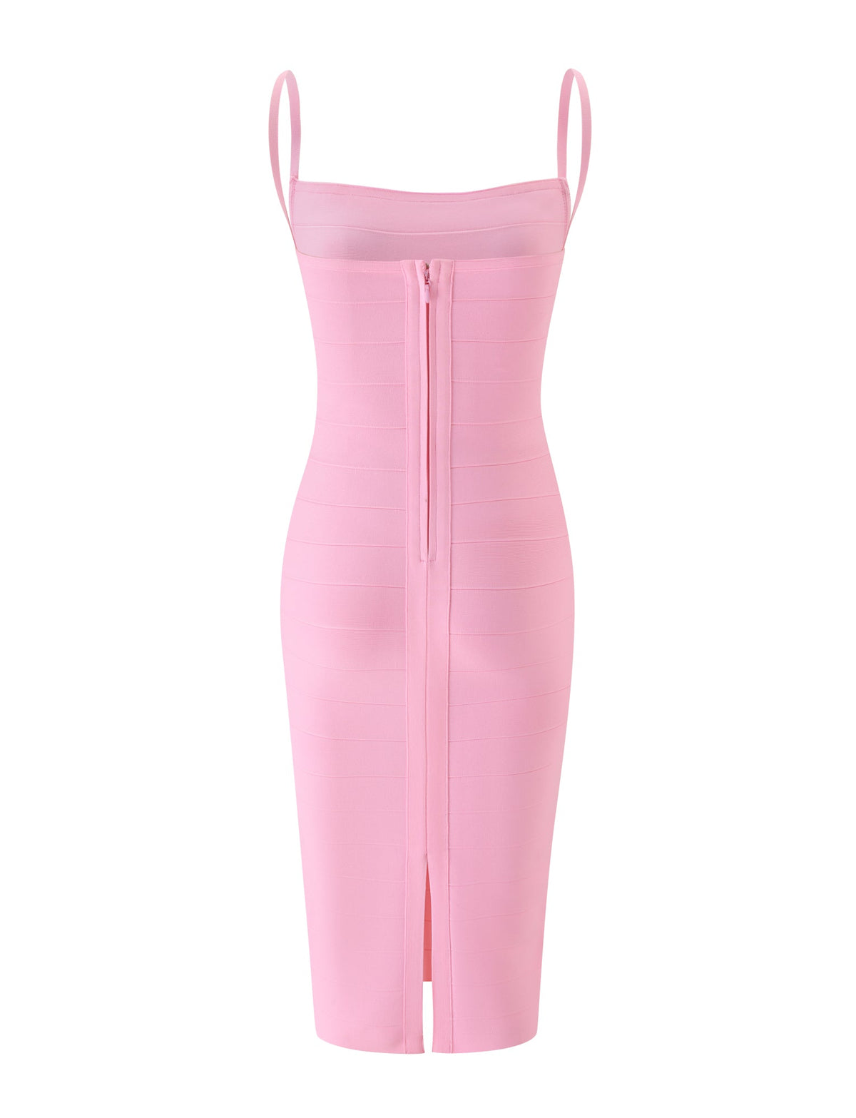 The TIGERMIST MIDORI BANDAGE MIDI DRESS in baby pink features a fitted, knee-length silhouette with thin shoulder straps, a visible back zipper, and a small back slit at the hem. This elegant bodycon dress is showcased against a plain white background.