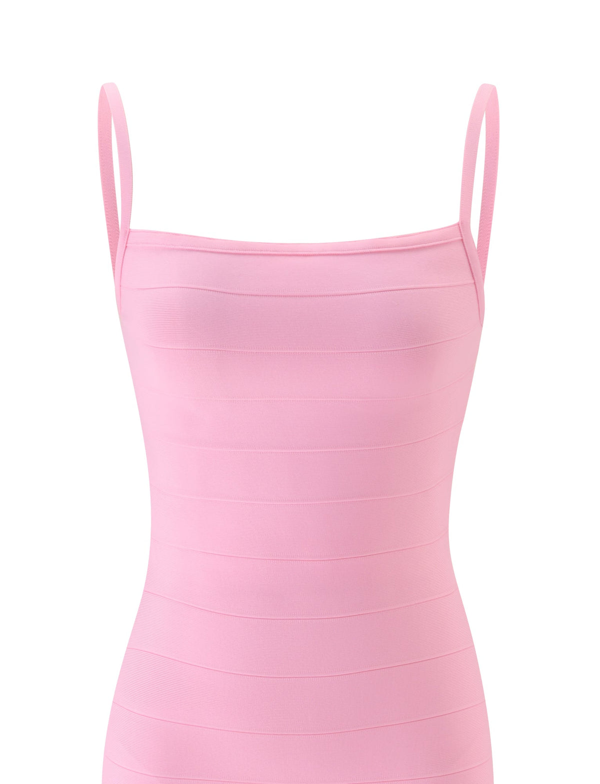 The TIGERMIST MIDORI BANDAGE MIDI DRESS in baby pink is a sleeveless, bodycon fit dress featuring thin shoulder straps and horizontal banded detailing. This fitted midi dress is shown on a plain white background.