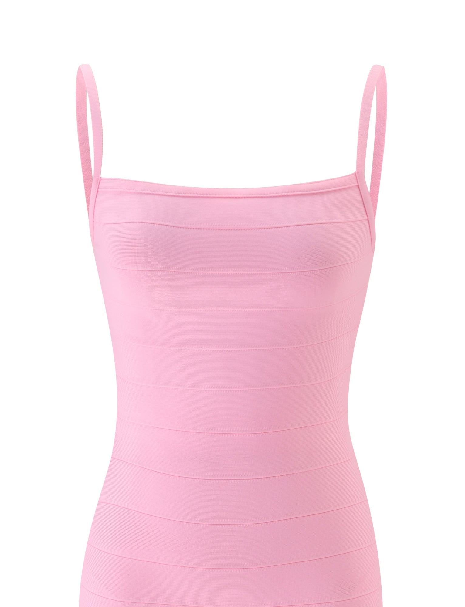 A sleeveless, baby pink midi dress by TIGERMIST, the MIDORI BANDAGE MIDI DRESS features thin spaghetti straps and a sculpted, fitted silhouette with horizontal panel detailing, shown against a white background.