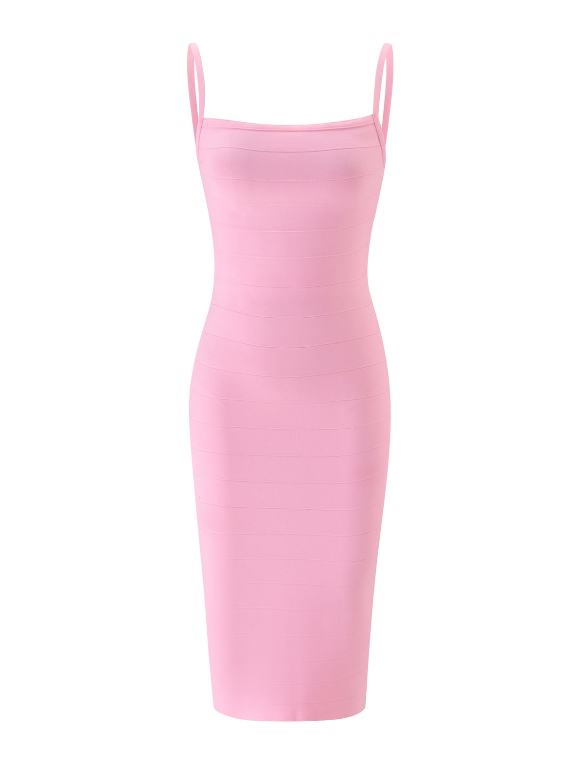 The MIDORI BANDAGE MIDI DRESS by TIGERMIST is a sleeveless, knee-length, baby pink midi dress with thin shoulder straps, featuring a bodycon fit and a smooth, seamless appearance.