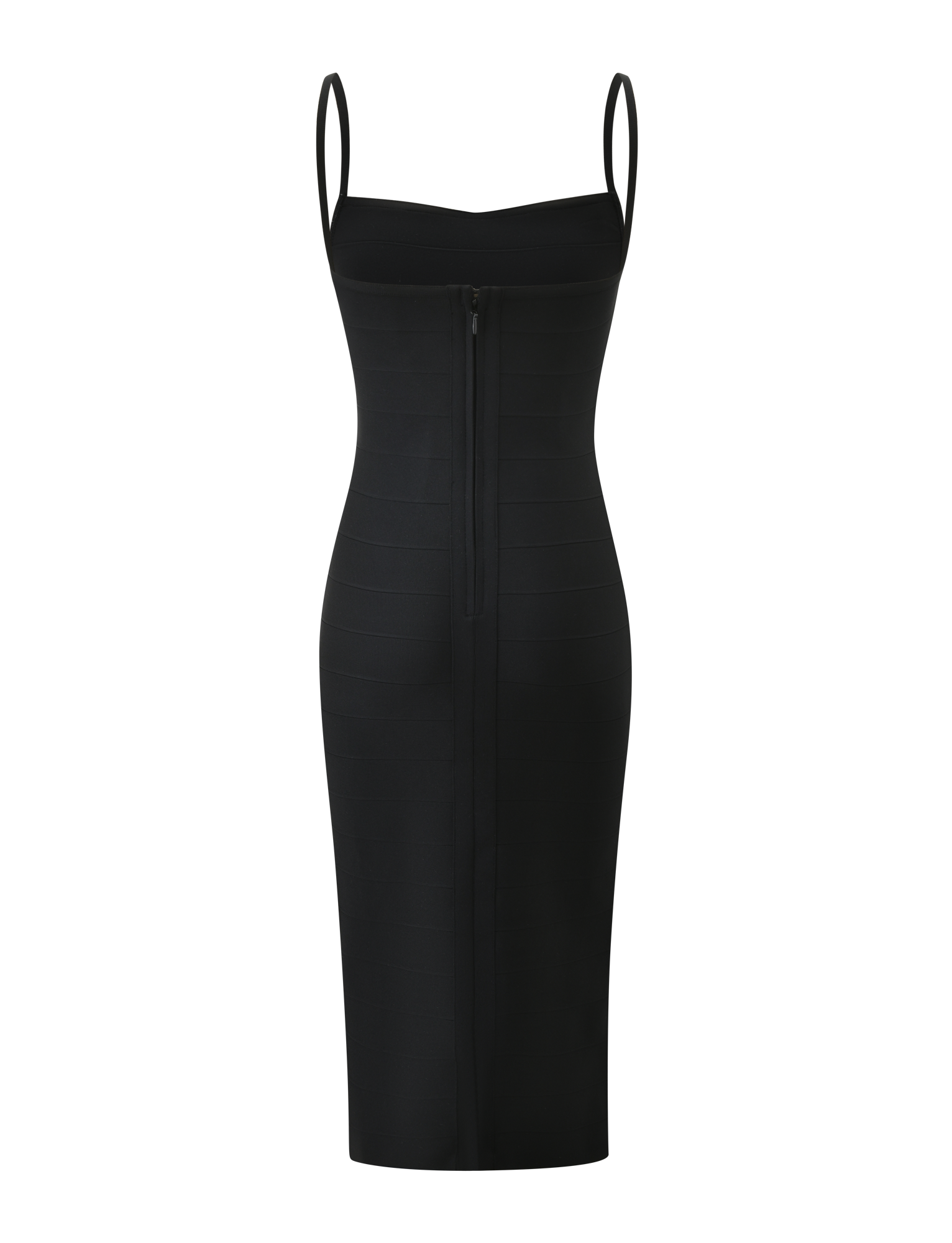The TIGERMIST MIDORI MIDI BANDAGE DRESS in black features a form-fitting silhouette, thin spaghetti straps, a sleeveless design, and a visible vertical front zipper for a sleek, modern look.