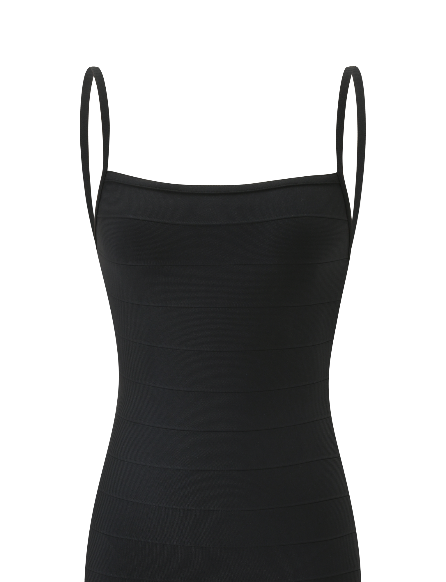 The TIGERMIST MIDORI MIDI BANDAGE DRESS in black is a sleek, sleeveless dress featuring thin shoulder straps and subtle horizontal band details, shown against a plain white background.