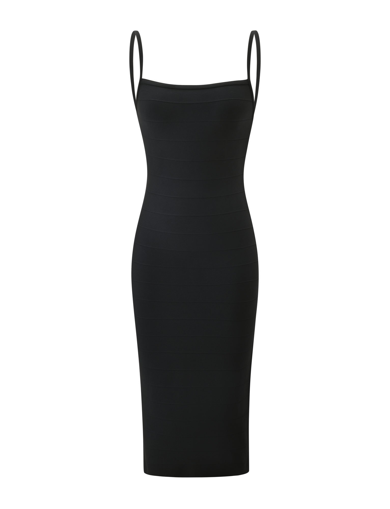 The TIGERMIST MIDORI MIDI BANDAGE DRESS in black features a sleeveless, form-fitting design with thin spaghetti straps and a straight neckline, shown against a white background.